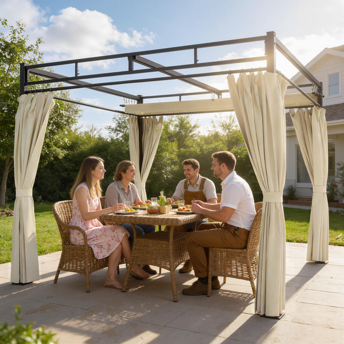 PERGOLA DE-12712 300/300 cm ausziehbar mit 4 Vorhängen UPF30+ Beige - Beige, Metall (295/221/295cm) - ComfortXL