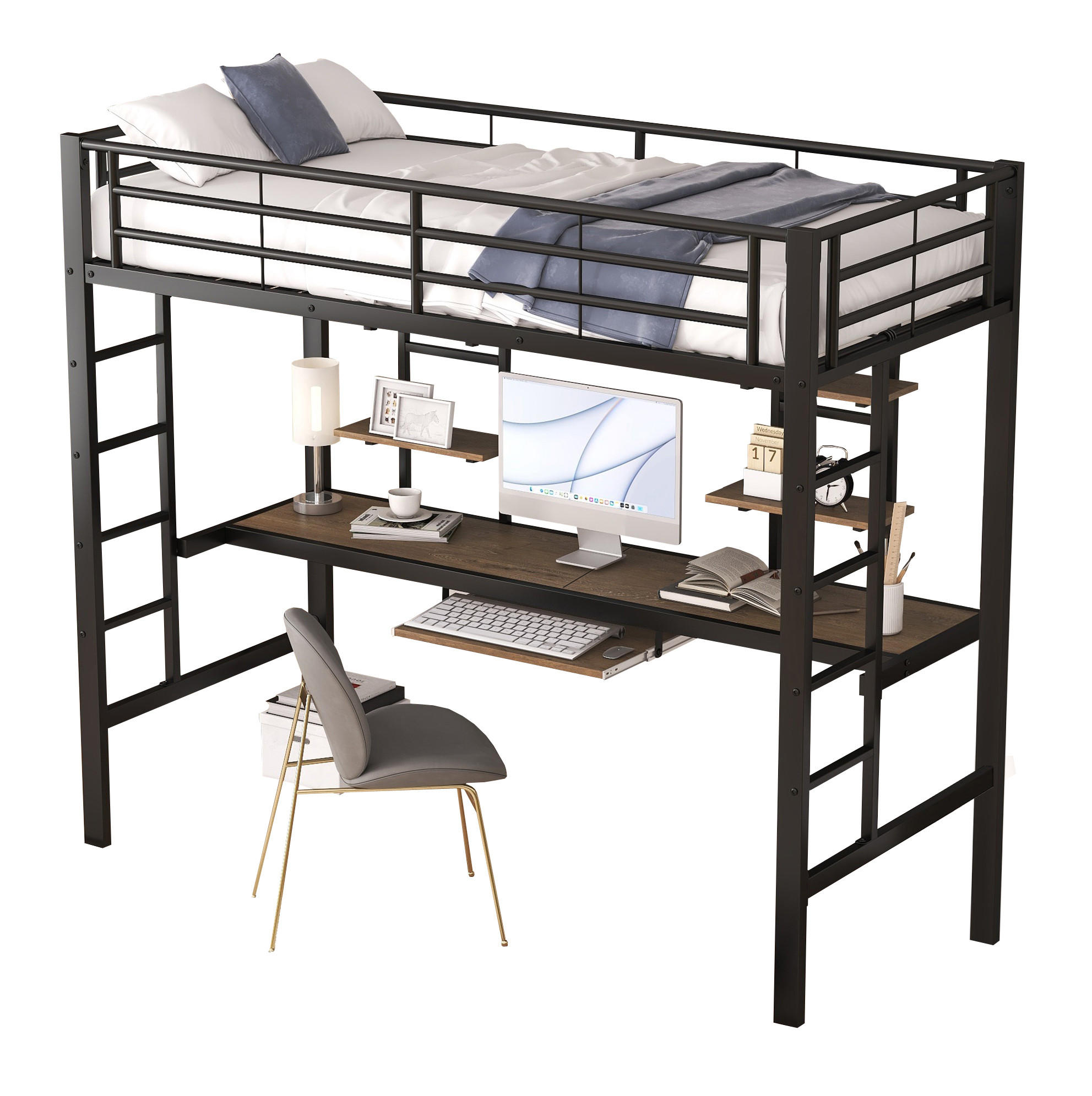 HOCHBETT 90/200 cm aus Metall mit Schreibtisch und 2 Regalen Schwarz - Schwarz, Metall (90/200cm) - Modenvie