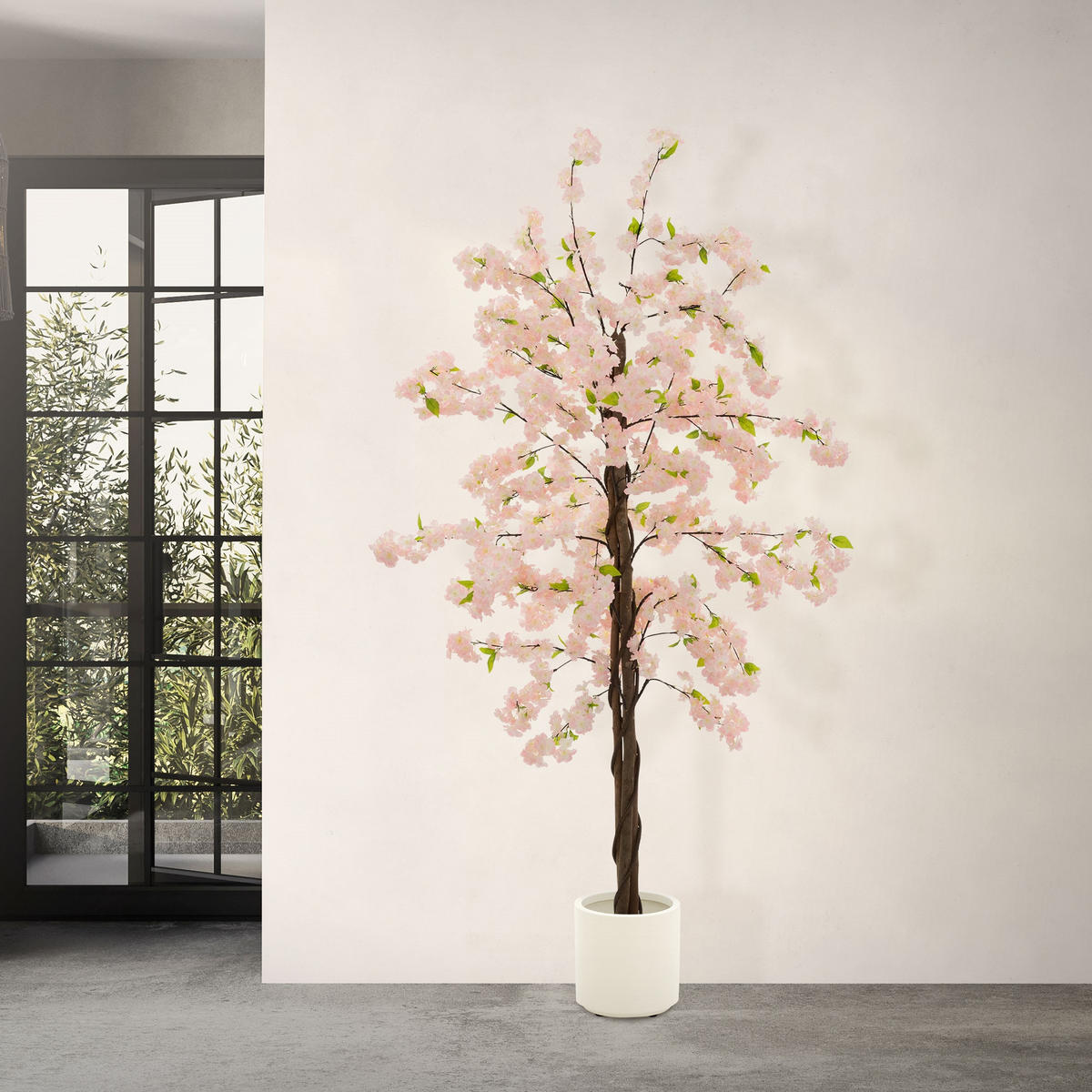 UMĚLÝ TŘEŠŇOVÝ KVĚT 210 cm Růžový s kmenem z přírodního dřeva - růžová/černá, textil/plast (210cm) - ML-DESIGN