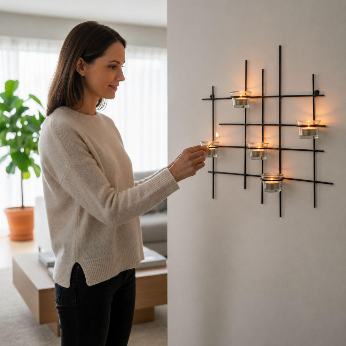 WANDTEELICHTHALTER Metall Leuchter 5XXL Wandkerzenhalter 50 cm - Schwarz, Metall (46.5cm) - DanDiBo
