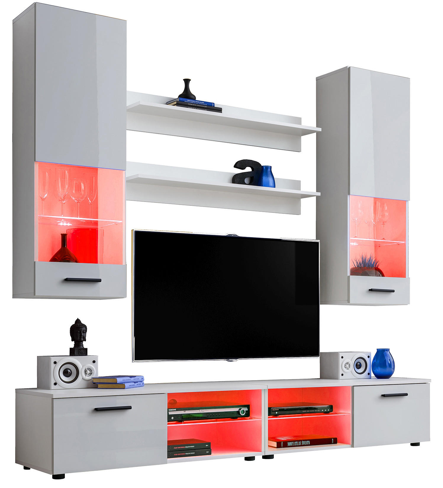 WOHNZIMMERSET VARALLO, 6er-Set, Weiß, Front Hochglanz Weiß , LED Mehrfarbige - Schwarz/Weiß, Glas/Holzwerkstoff (200/190/45cm) - Komodee