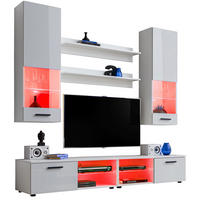 WOHNZIMMERSET VARALLO, 6er-Set, Weiß, Front Hochglanz Weiß , LED Mehrfarbige - Schwarz/Weiß, Glas/Holzwerkstoff (200/190/45cm) - Komodee