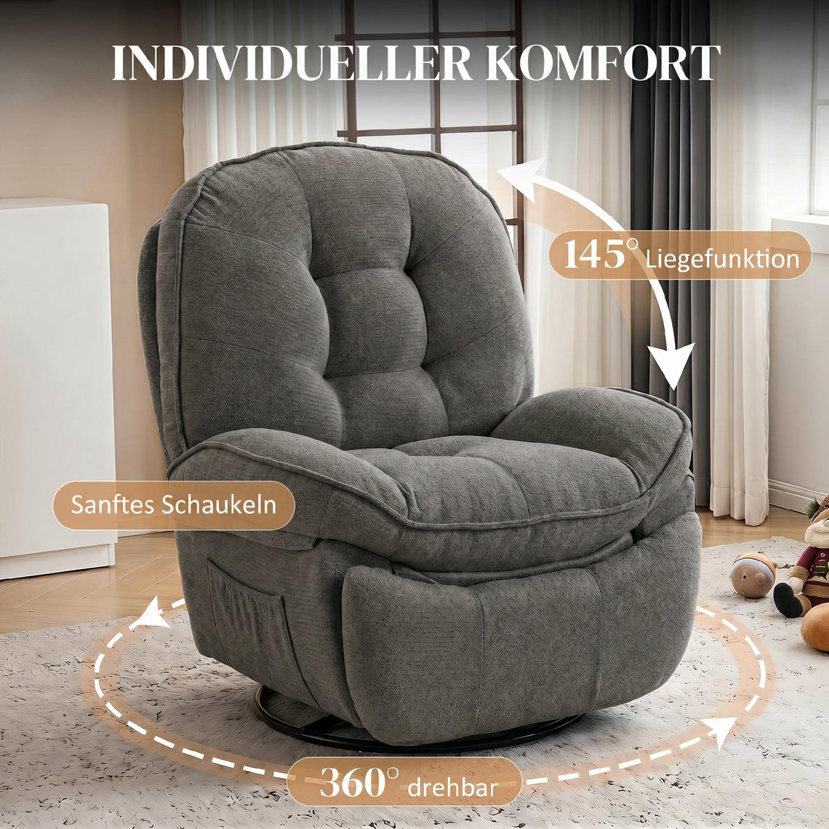 RELAXSESSEL Chenille (100% Polyester) Hellgrau - Creme/Hellgrau, Holzwerkstoff/Textil (94/104/95cm) - HOMCOM
