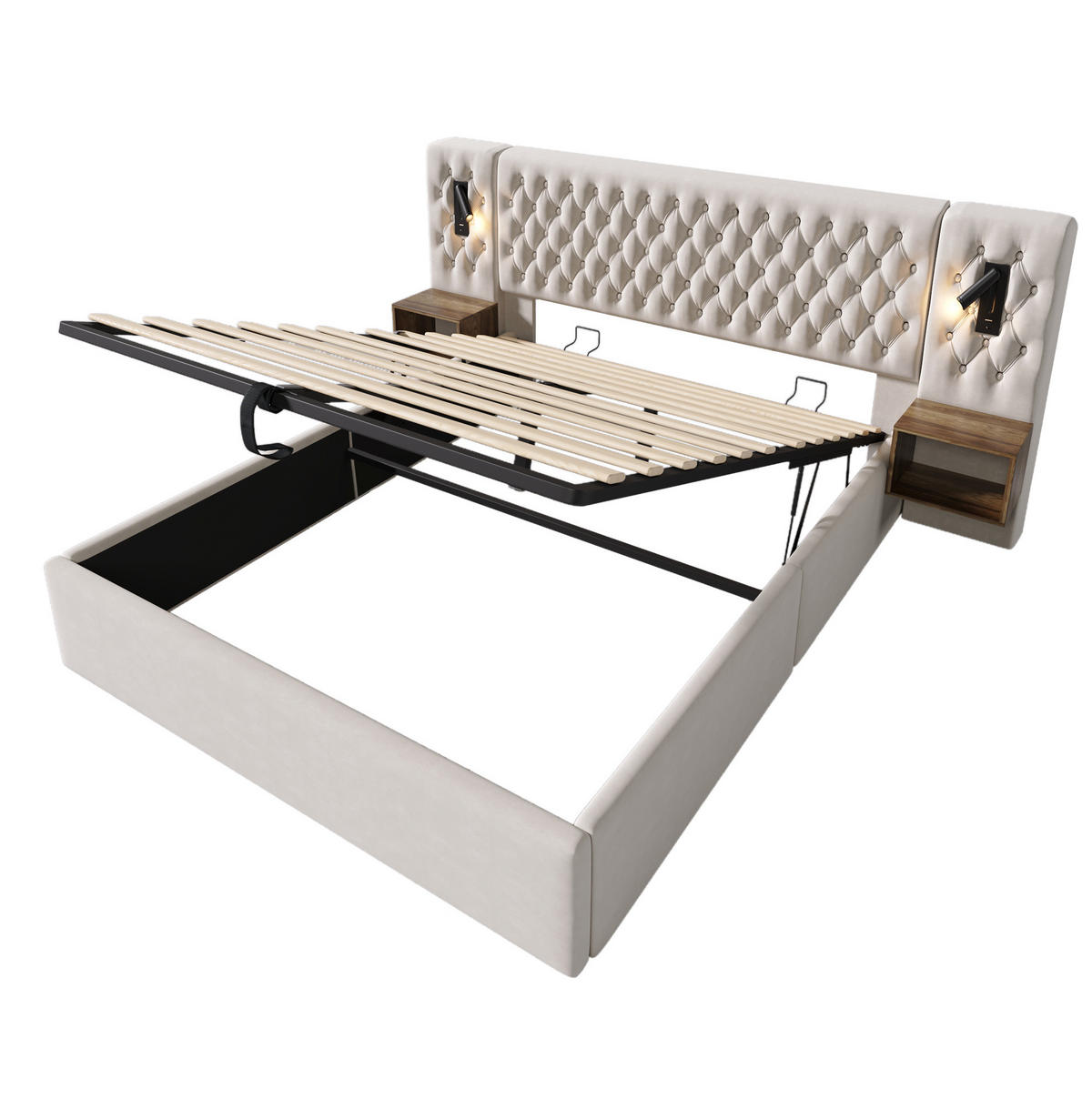 SAMT-POLSTERBETT 160/200 cm mit Bettkasten, Nachttischen und Leselicht in Beige - Beige, Textil (160/200cm) - BEAOK