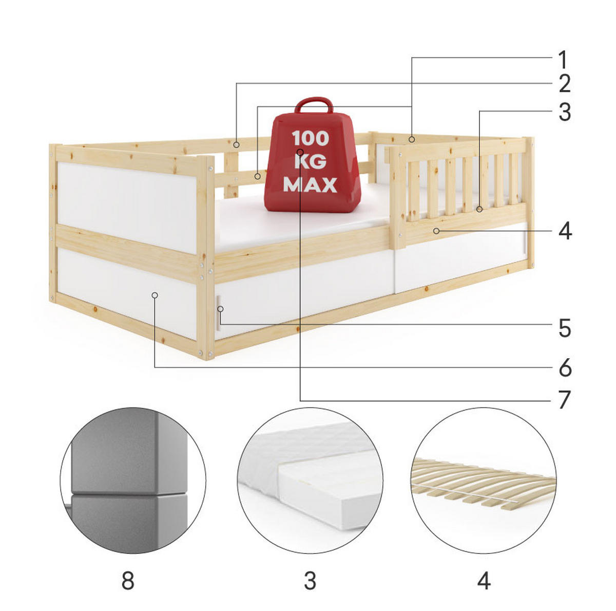 BODENBETT 80x160 cm in Pine ,Montessori Kinderbett mit Stauraum & Rausfallschutz Smart 2 - Naturfarben, Holz (80/160cm) - Interbeds