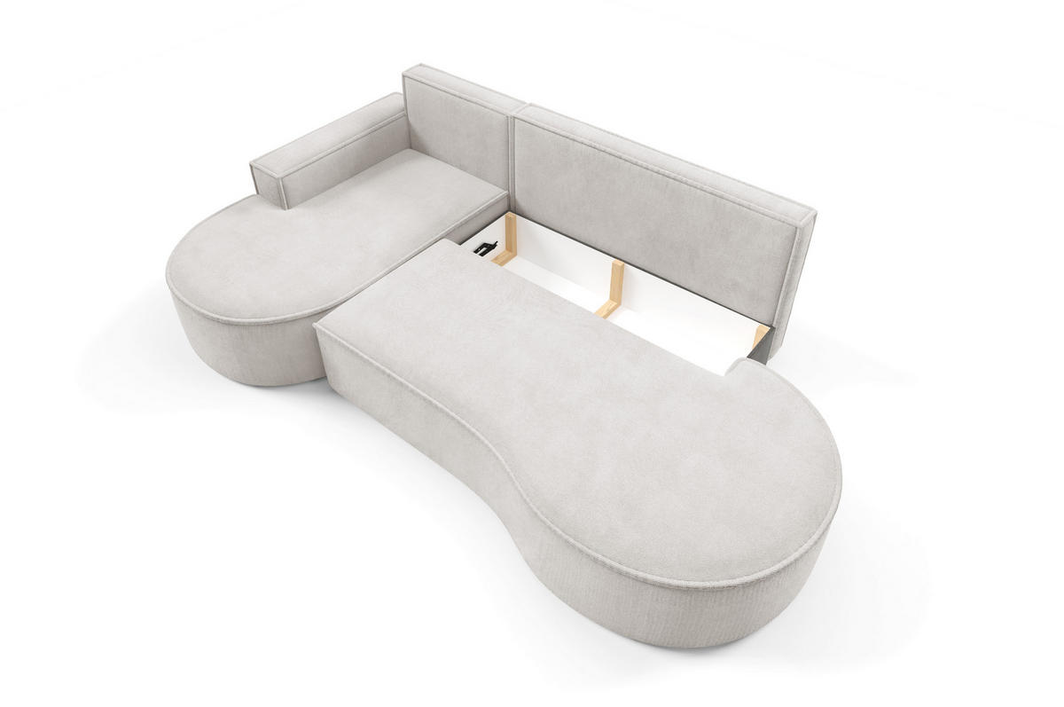 ECKSOFA MOLLY mit Schlaffunktion – Halbrund, freistehend, Liegefläche 140x207 cm, 3 Kissen, Abriamo-Stoff, 277x157x88 cm, Links Weiß - Creme, Holz/Textil (157/277cm) - DomoHome