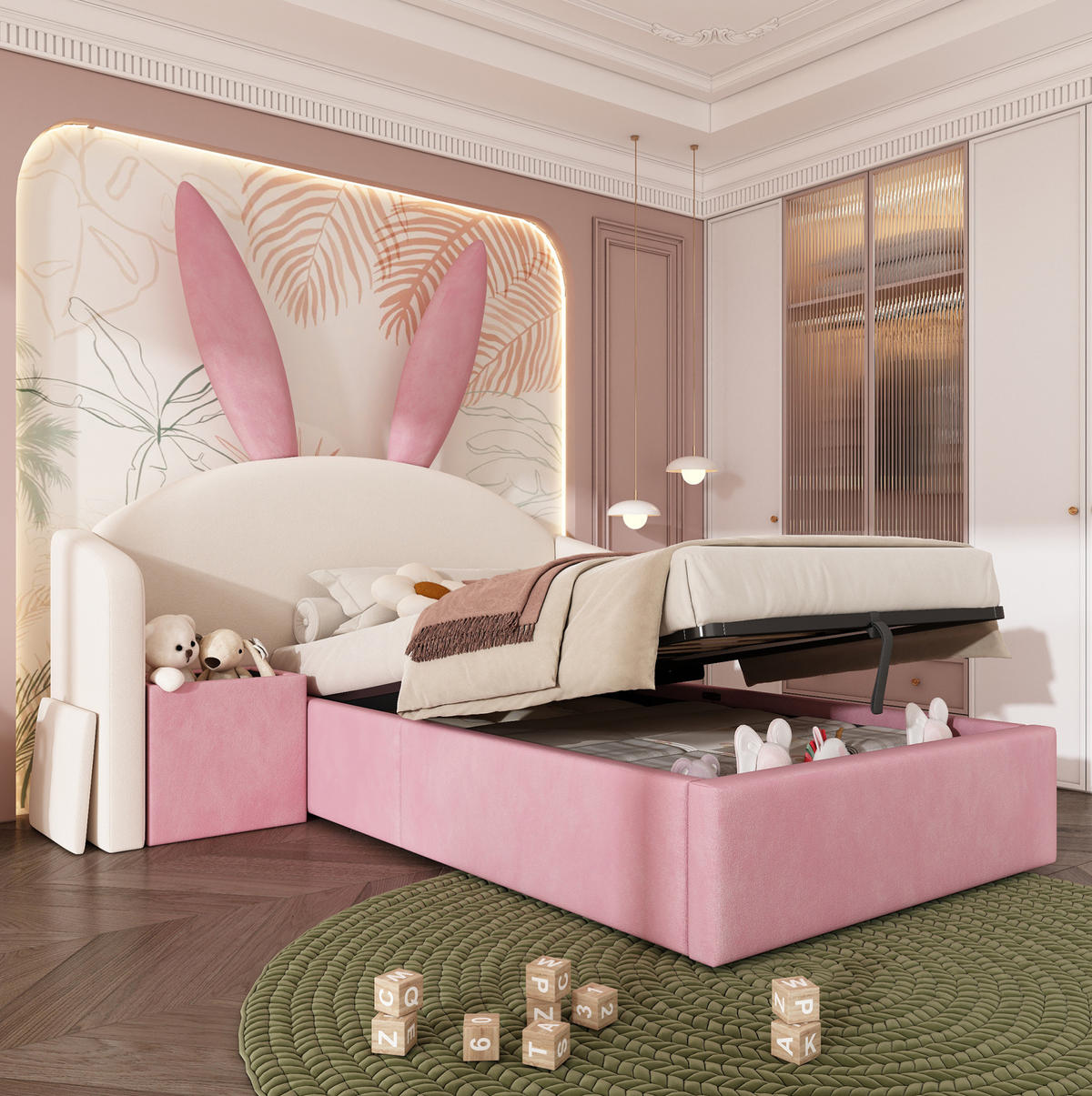 KINDER-POLSTERBETT 90x190 cm in Beige-Rosa mit Hasenohren, Stauraum und Nachttisch - Beige, Textil (90/190cm) - IVMEU
