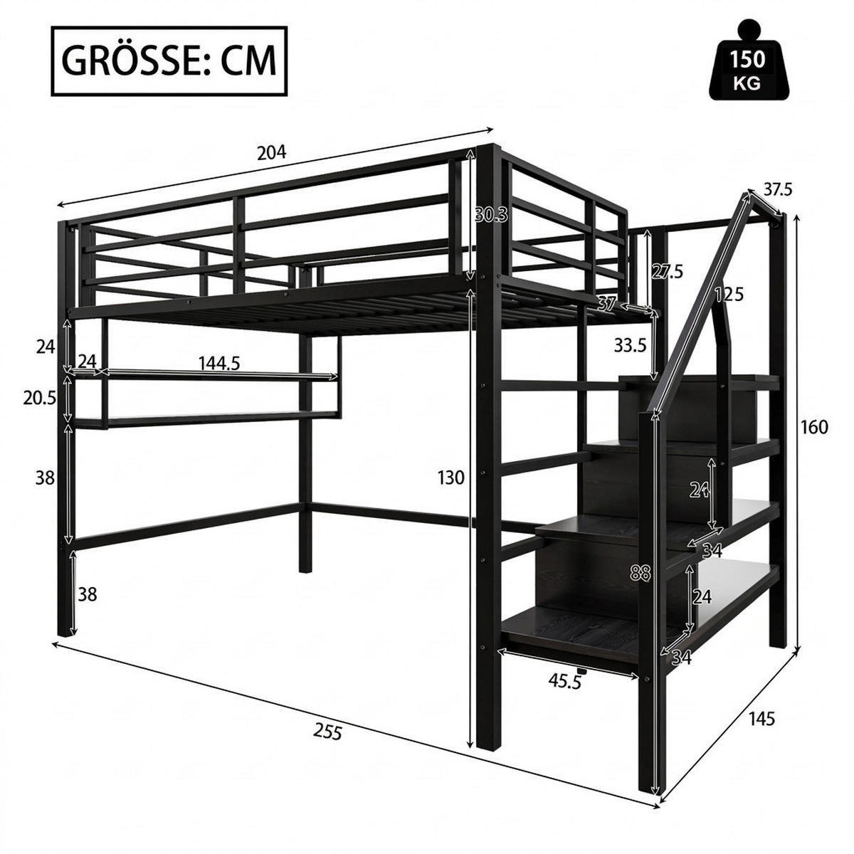 HOCHBETT 140/200 cm Schwarz mit Einlegeböden und Stauraumleiter - Schwarz, Metall (140/200cm) - Oxeza