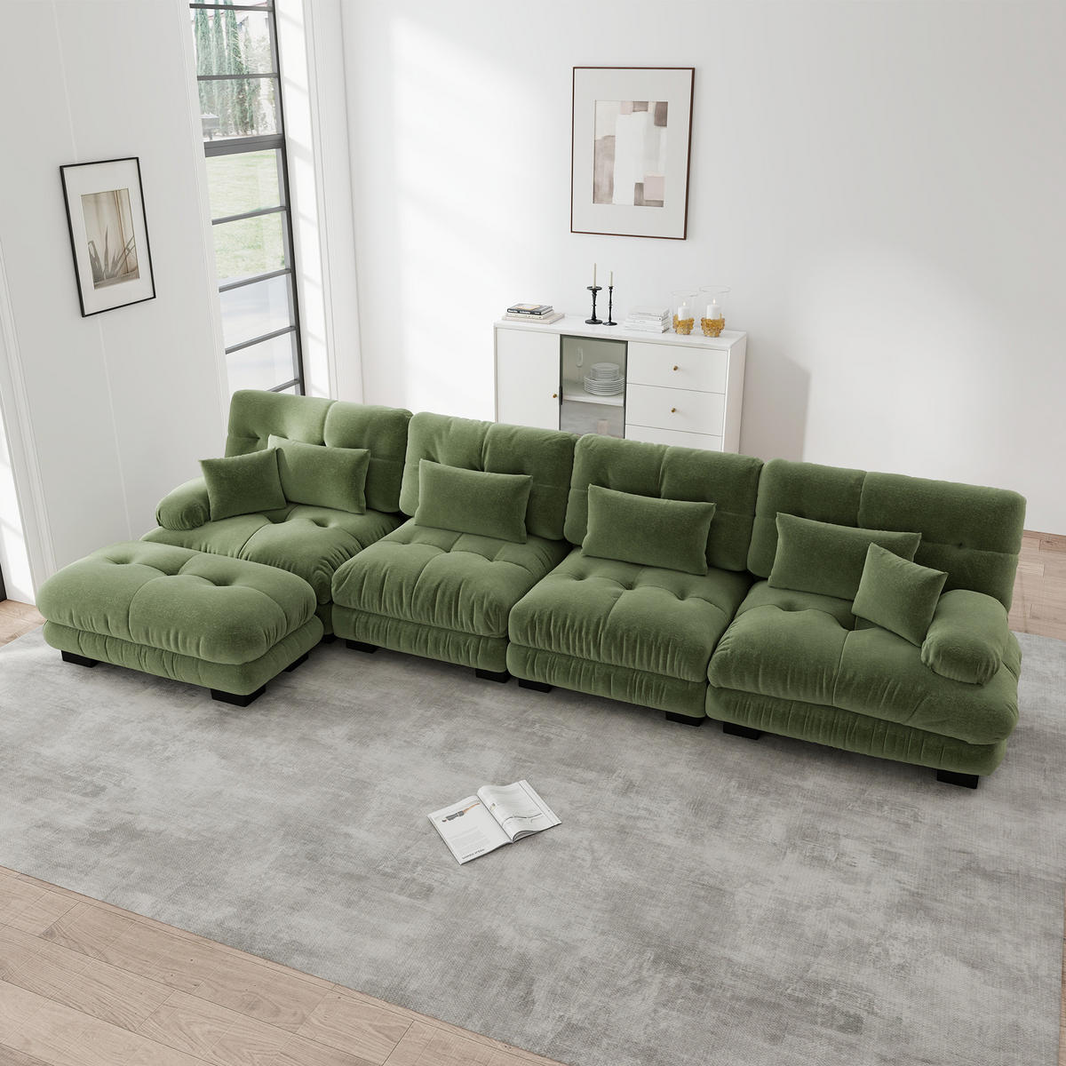 4-SITZER ECKSOFA Chenille Grün mit Ottomane - Grün, Textil (406/145cm) - WISHDOR