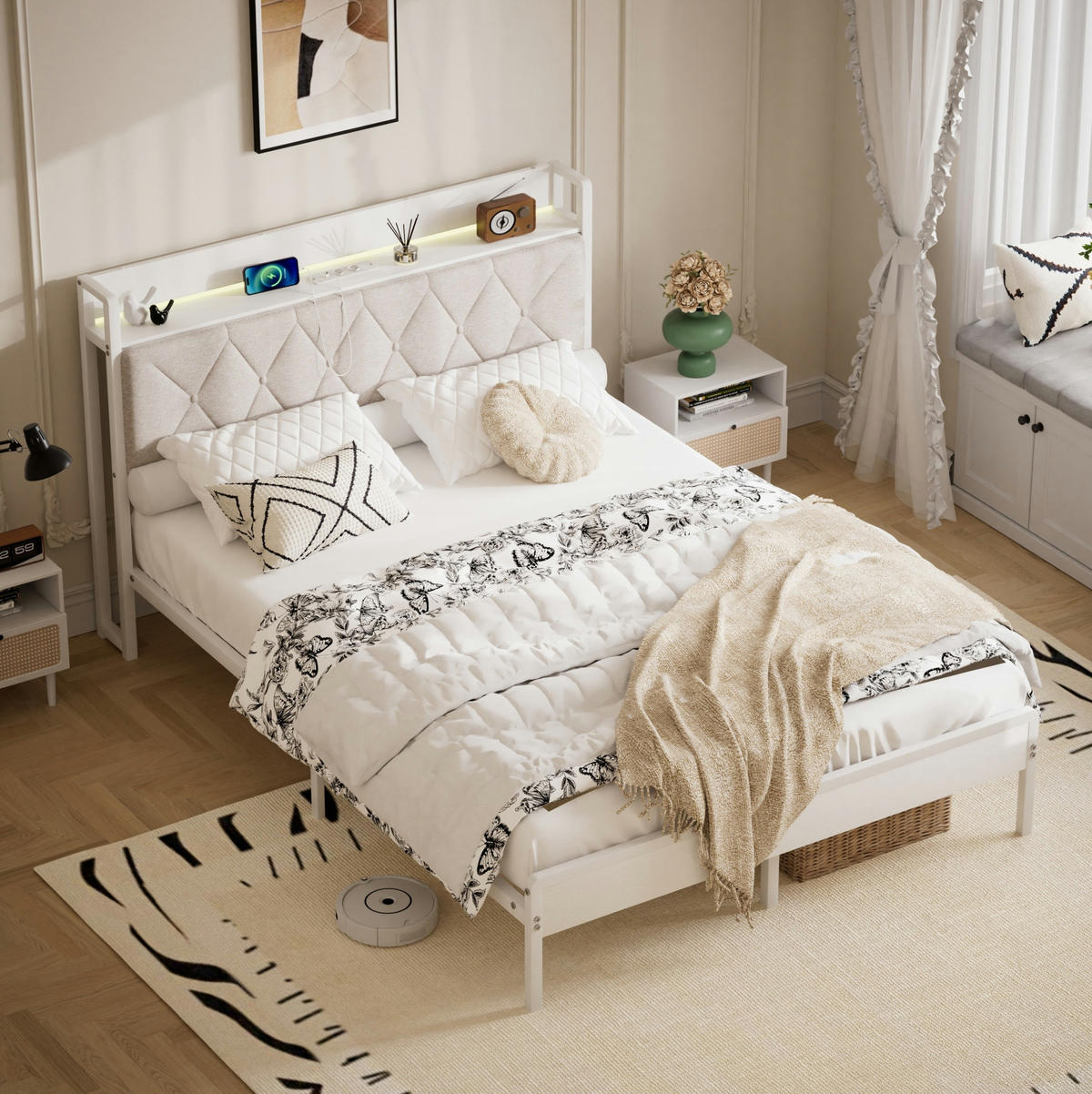POLSTERBETT 140x190 cm in Weiß mit LED-Beleuchtung, USB-Anschluss und Stauraum - Weiß, Textil (140/190cm) - IVMEU