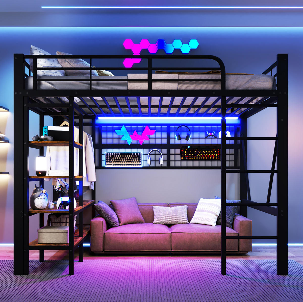 VYSOKÁ postel 140/200 cm černá s LED osvětlením a úložným prostorem z kovu a MDF - černá, kov (140/200cm) - OKWISH