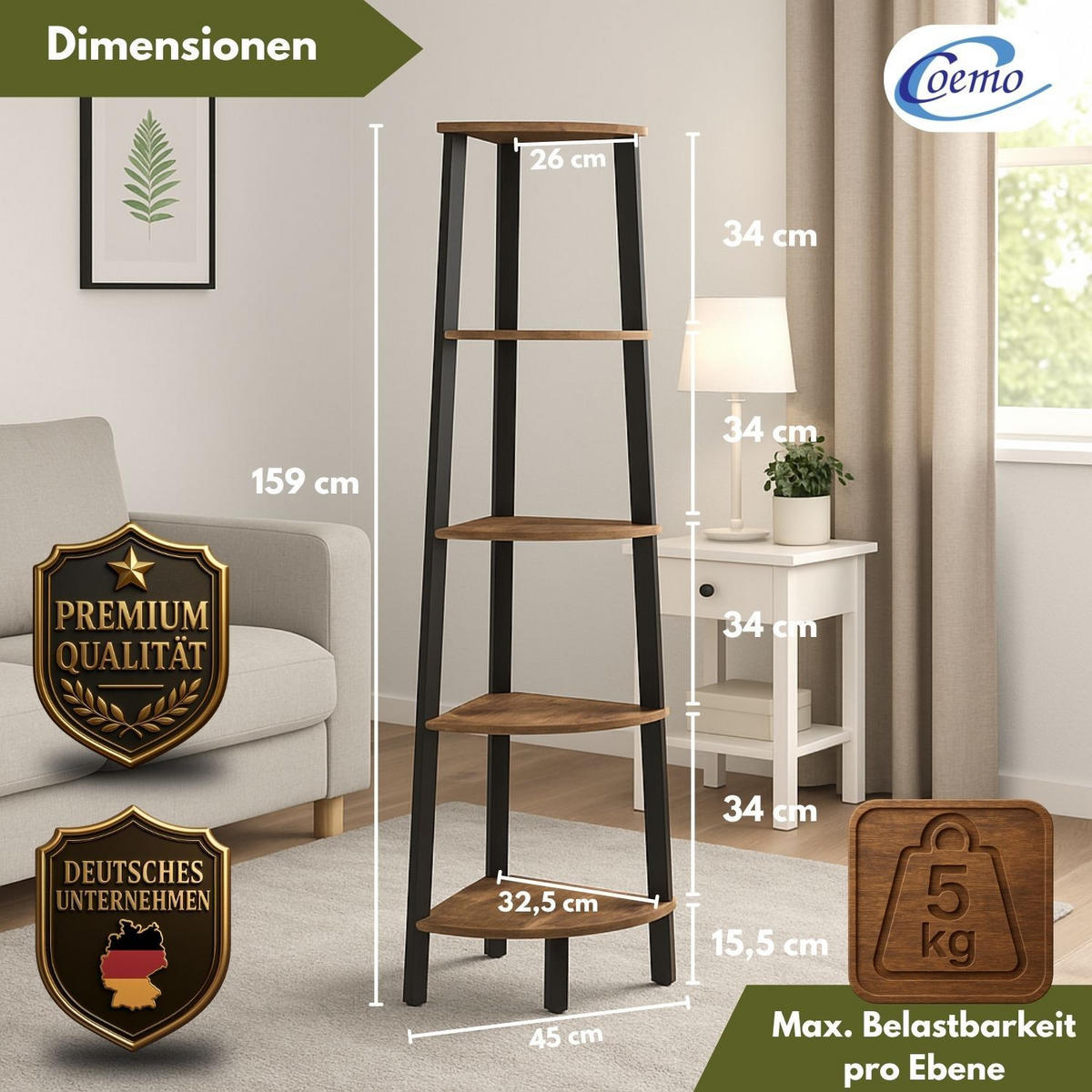 ECKREGAL VINTAGE 3-seitig Metall und Holz 37/37/159 cm - Braun, Metall (37/159/37cm) - Mein-Regal
