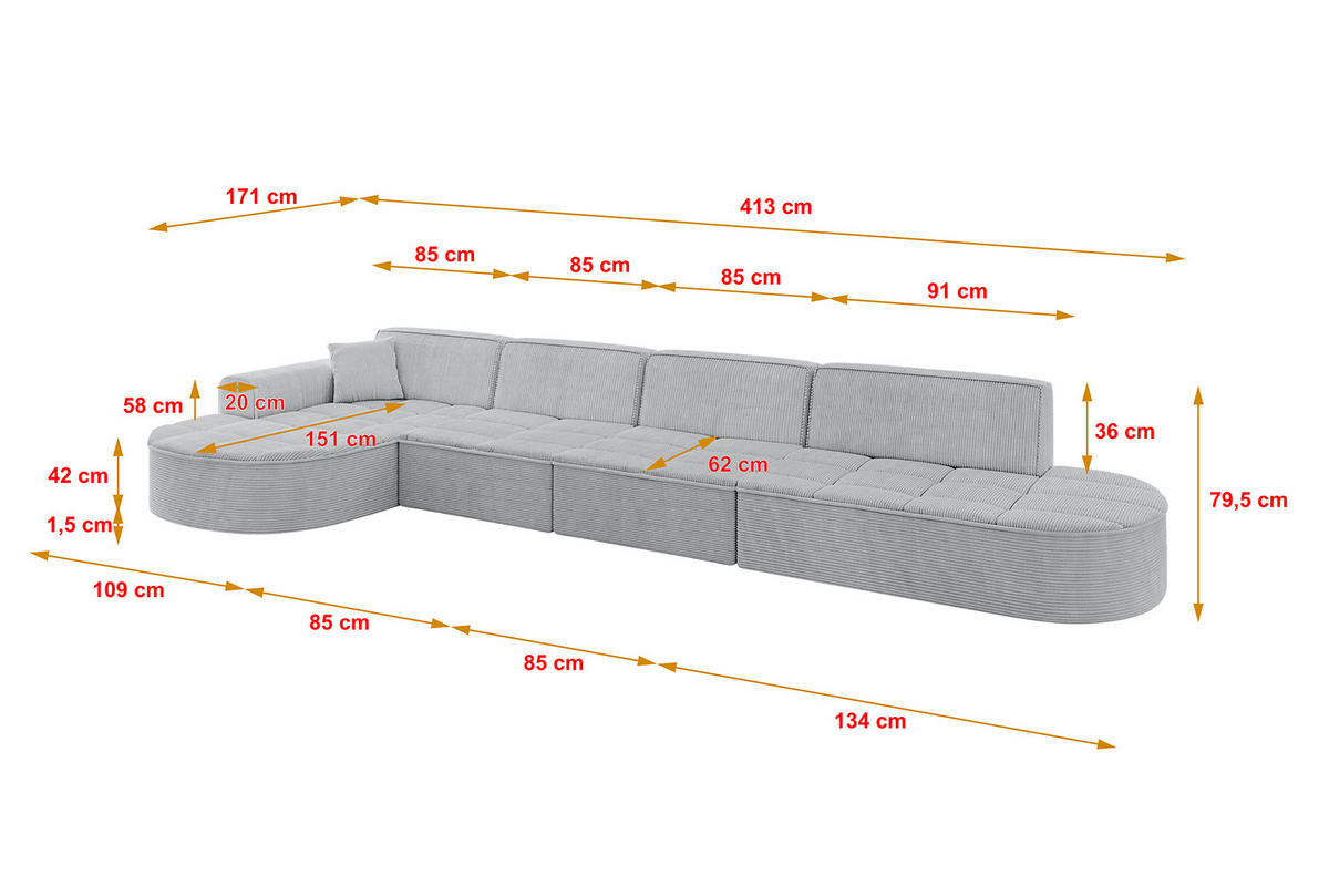 ECKSOFA Ottomane Links TARO-L3 - 413x171x79,5 cm Grau - Grau, Holzwerkstoff/Textil (413/171cm) - ALTDECOR