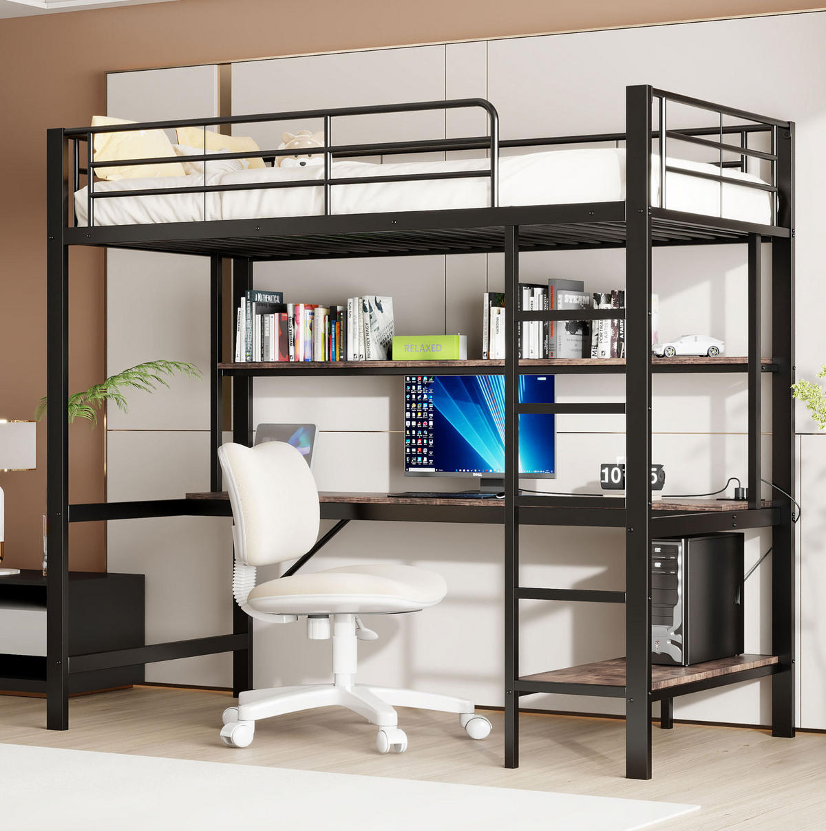 HOCHBETT aus Metall und MDF 90x200 cm Schwarz mit Schreibtisch, Regal, USB, Steckdose und LED-Ambientelicht - Schwarz, Metall (70/180cm) - Modfu