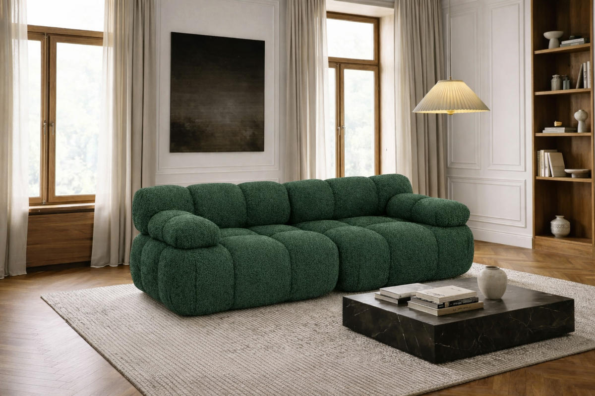 COUCH, 2-Sitzer Modular, Bouclé-Stoff Abriamo, Dunkelgrün, Selia - Dunkelgrün, Holz (190/70/95cm) - Kaiser Möbel
