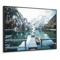 LEINWAND Bilder mit Rahmen - Natur - Berge - Schnee - Wald - Boot - 100x70 - Hellgrün, Textil (100/70cm) - MuchoWow