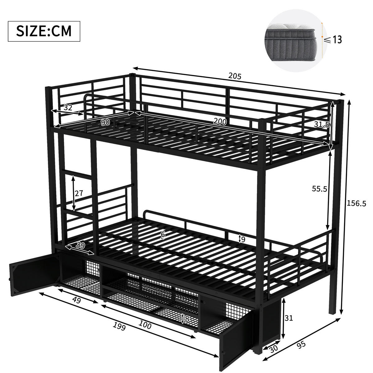 ETAGENBETT 90/200 cm Schwarz aus Eisen mit Schuhablage und Sicherheitsgitter - Schwarz, Metall (90/200cm) - OKWISH