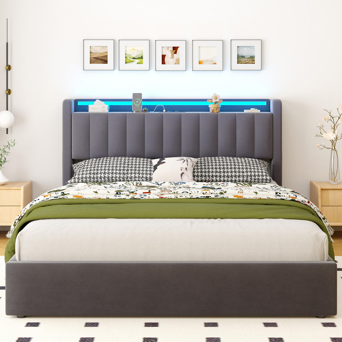 POLSTERBETT 160/200 cm in Grau, mit Bettkasten, Stauraum, USB und LED Beleuchtung, ohne Matratze - Grau, Holzwerkstoff/Textil (160/200cm) - WISHDOR