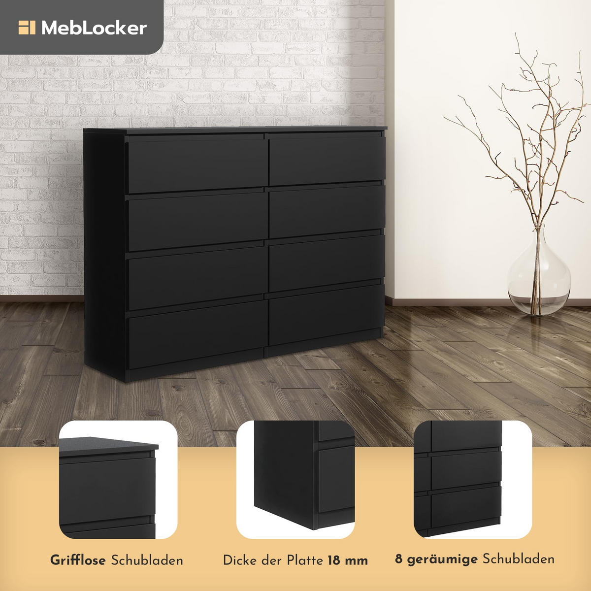 KOMMODE mit 8 Schubladen 140 cm Schwarz - Schwarz, Holzwerkstoff (138.5/101.5/39cm) - MebLocker