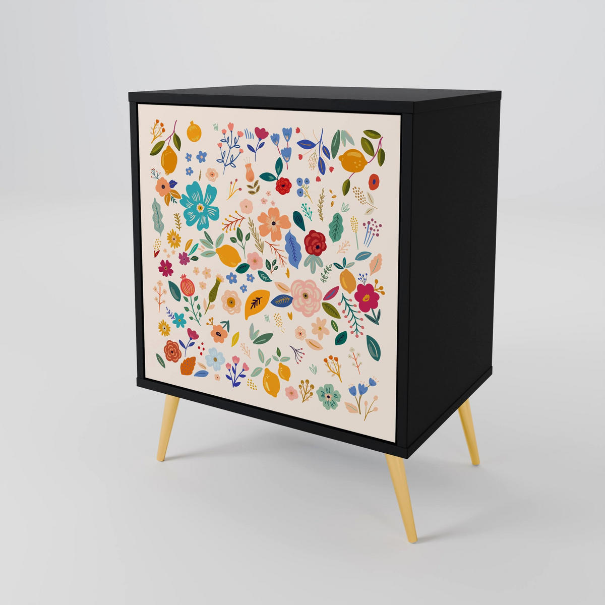 SIDEBOARD FLORAL COMBINATION, Schwarz, 57,5x42x67,5 cm, Schwarze Metall-Rahmenfüße - Multicolor/Schwarz, Holzwerkstoff/Metall (57.5/67.5/42cm) - SpaceRebels