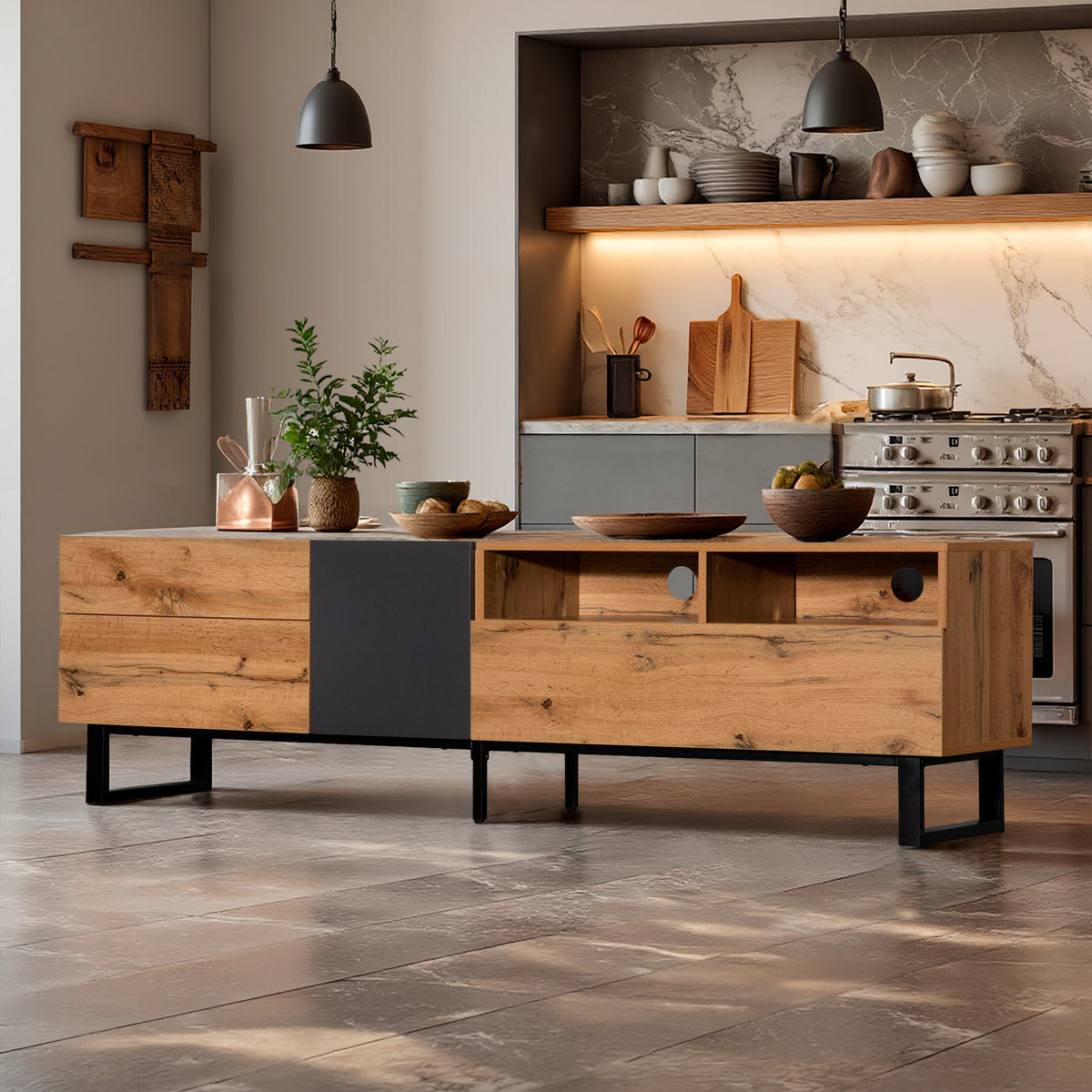 SIDEBOARD Industrieller Stil 180/38/50 cm - Eichefarben, Holzwerkstoff (38/50/180cm) - Urban Meuble