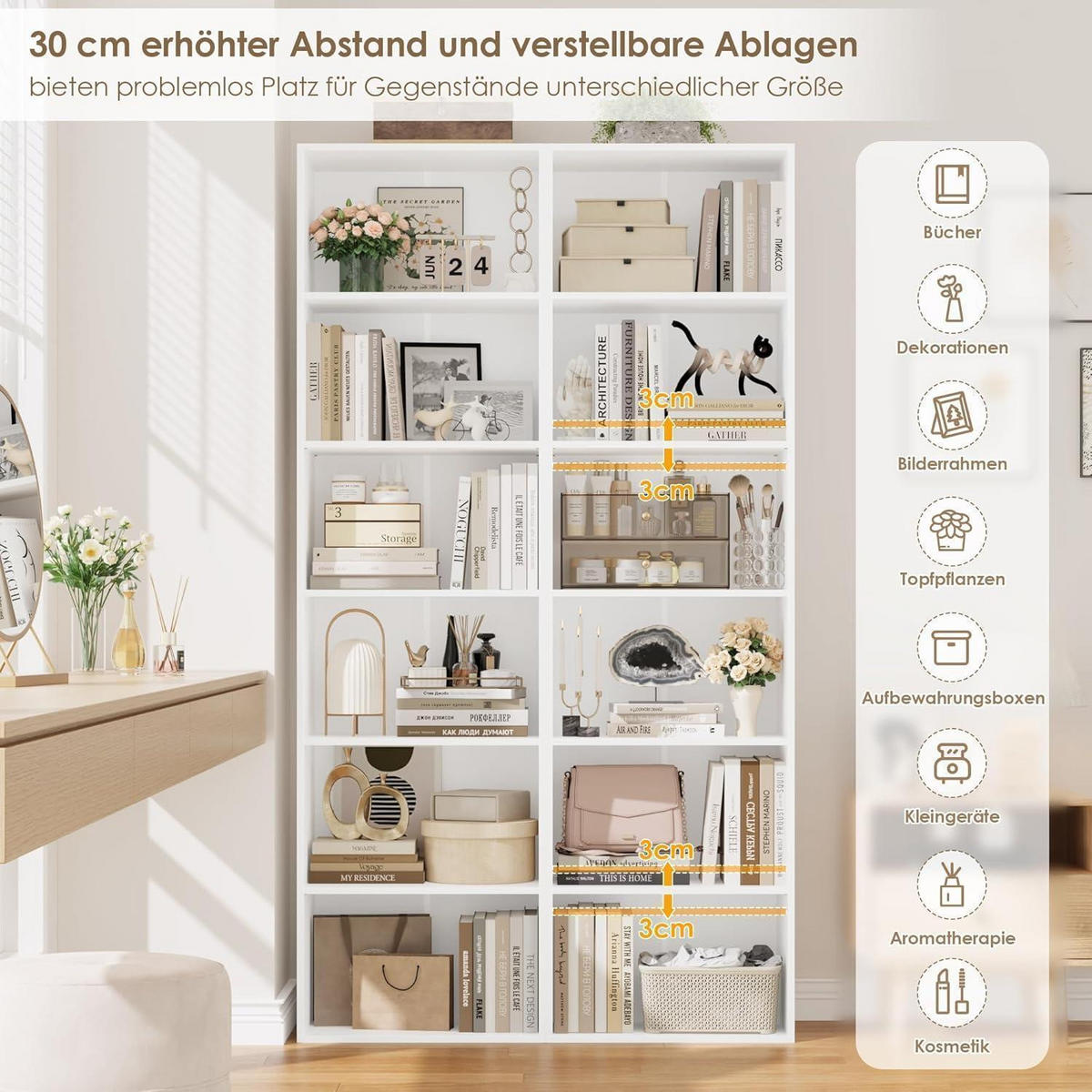 BÜCHERREGAL weiß 6 Fächer 48 x 30 x 190,5 cm - Weiß, Holzwerkstoff (48/190.5/30cm)