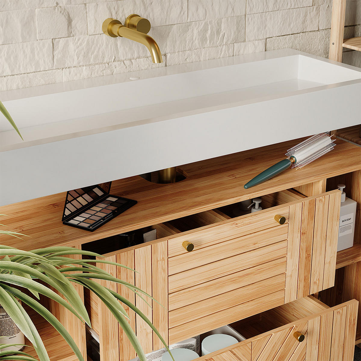 BADMÖBEL-SET Lucie Bambus 4 Teile - Grün, Holzwerkstoff (100/65/36cm) - Vicco