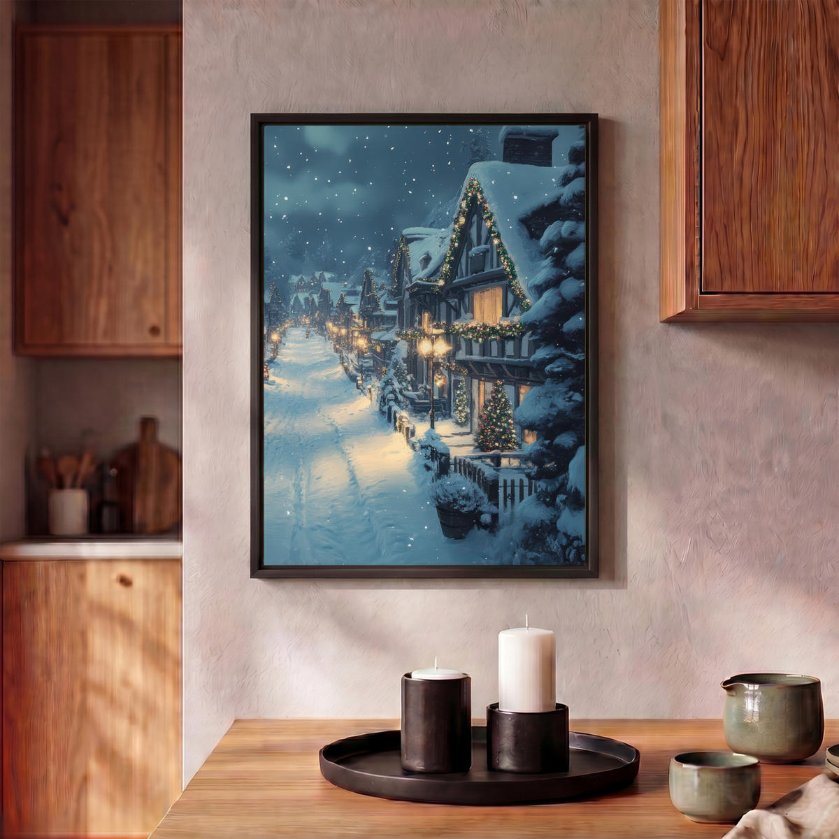 LEINWAND Bilder mit Rahmen - Weihnachtsdorf - Weihnachten - Schnee - Winter - 30x40 - Dunkelblau, Textil (30/40cm) - MuchoWow
