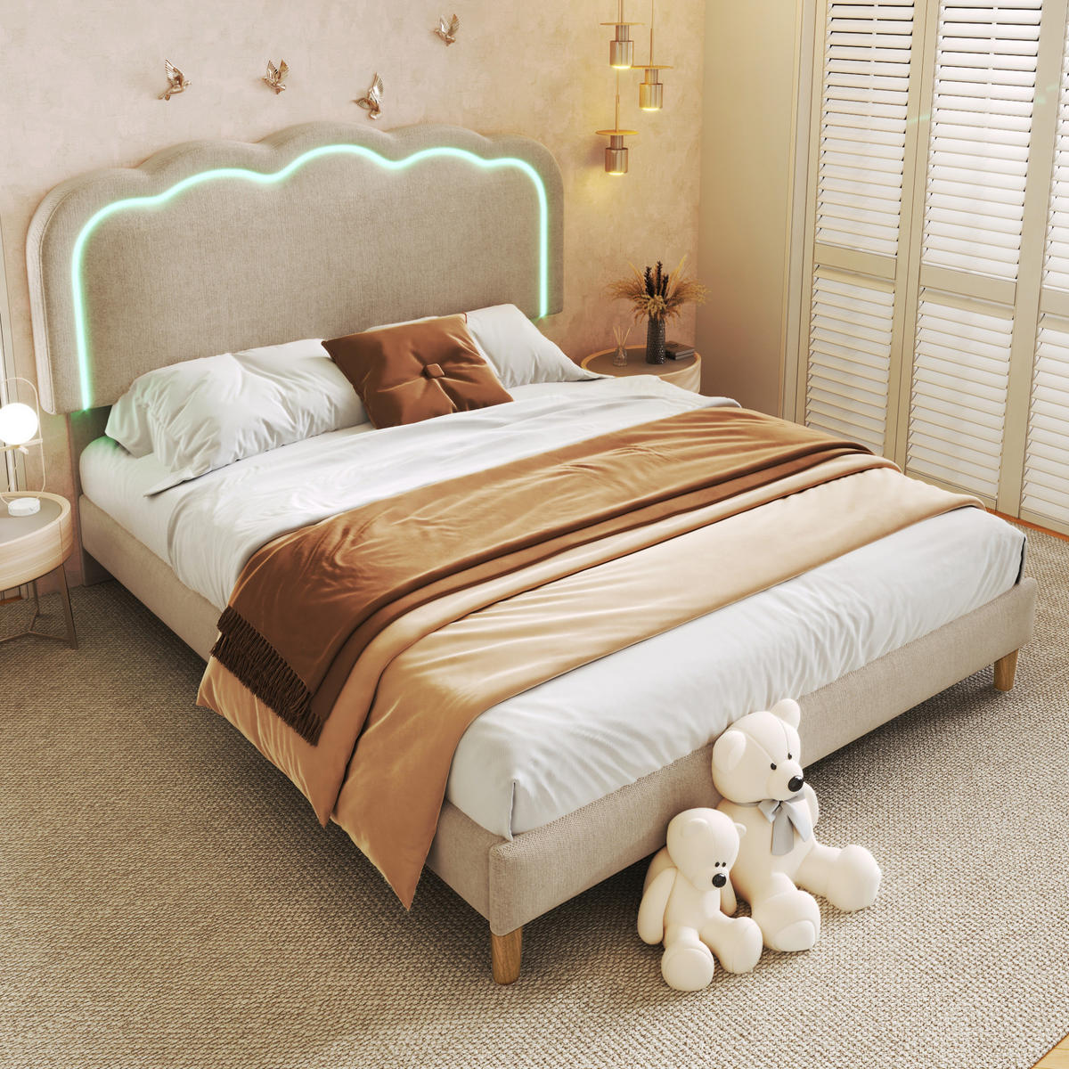 POLSTERBETT 140/200 cm Beige aus Leinen mit LED-Kopfteil - Beige, Textil (140/200cm) - OKMYHOME
