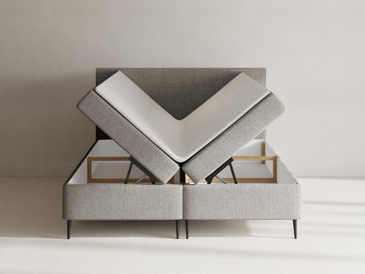BOXBETT Alba Rise mit Bettkasten, Taupe Chenille 200x200 cm – inkl. H4 Taschenfederkern Matratze & Foam Topper - Taupe/Beige, Holz/Textil (200/200cm) - WFL GROUP