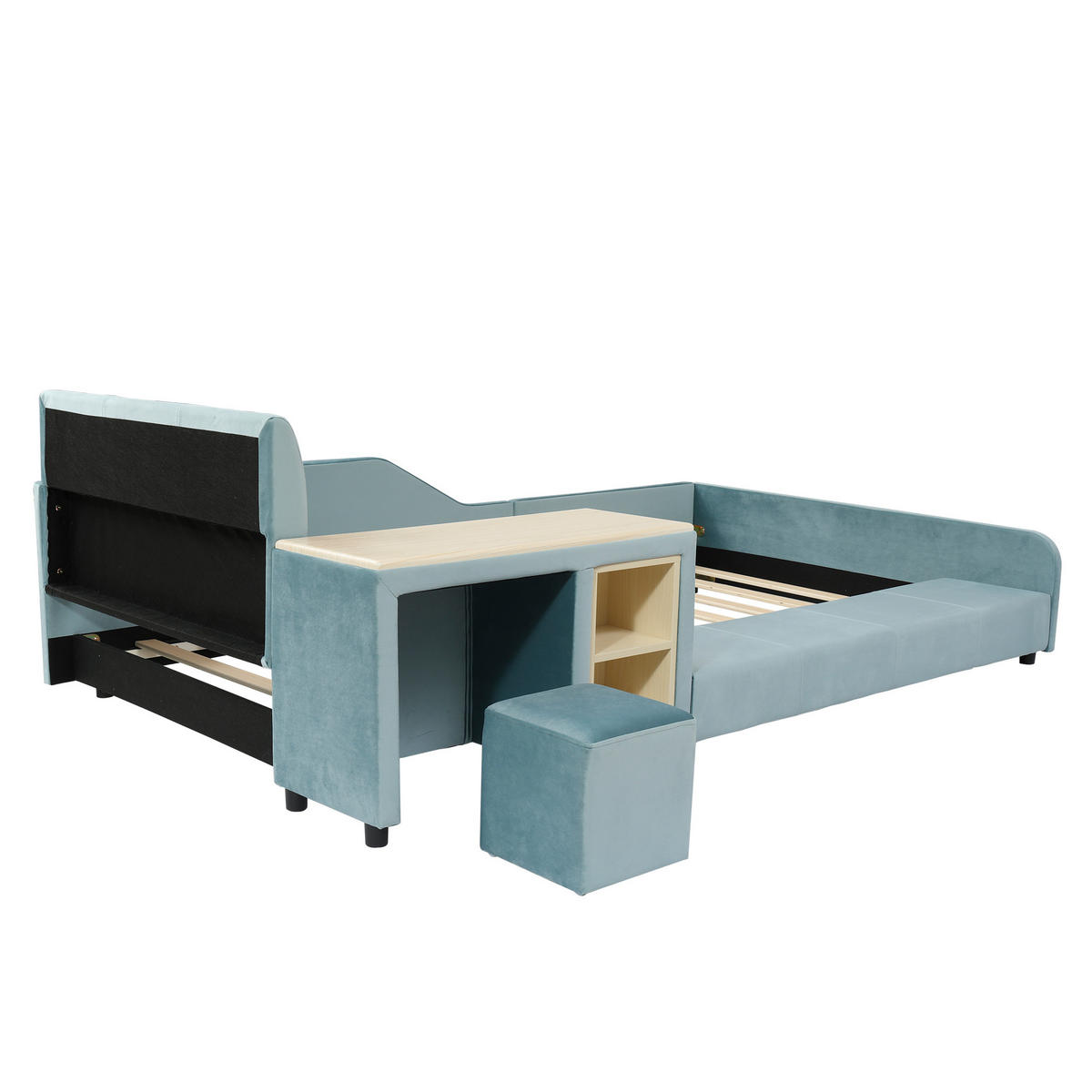 POLSTERBETT 90/200 cm in Blau & Natur mit Schreibtisch, Hocker und Ablage Samt - Blau, Holzwerkstoff/Textil (90/200cm) - CHICFURN
