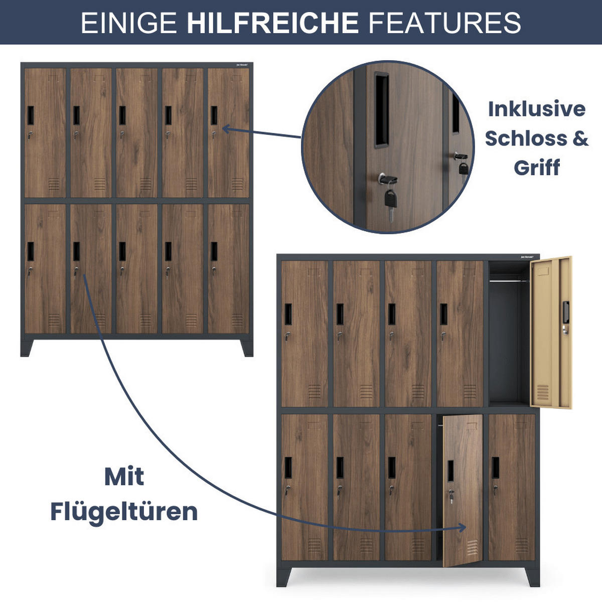 UMKLEIDESCHRANK Spind BERLIN 10 Abteile 172x136x45cm Anthrazit-Nussbaum - Anthrazit, Metall (136/172/45cm) - DELUKE