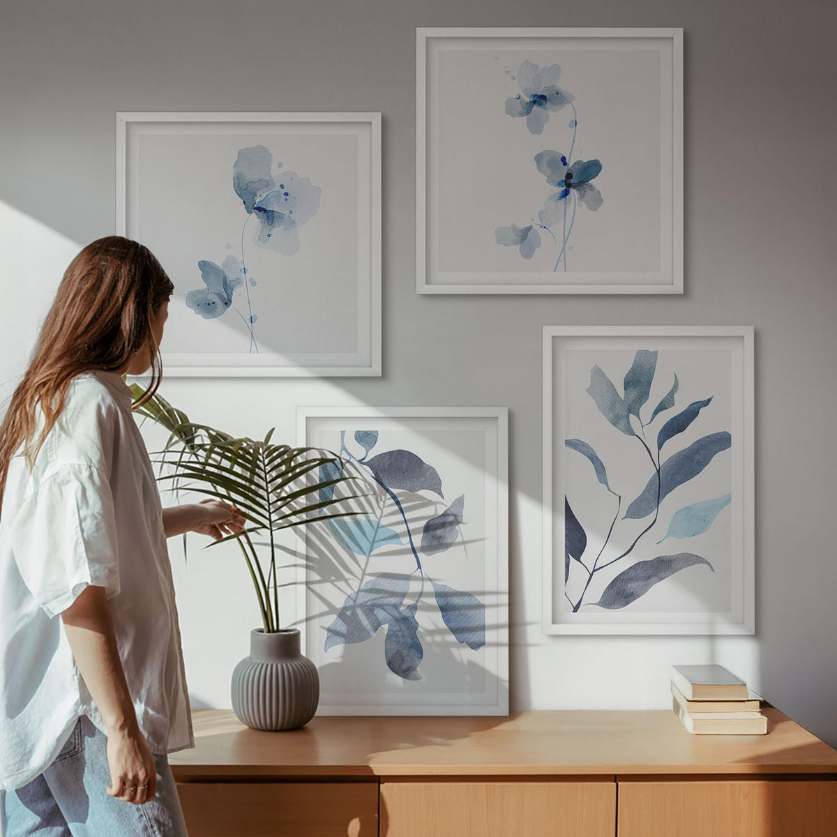 WANDBILDER 4er-Set - 50x50 cm & 40x60 cm Weißer Rahmen - Aquarell von blauen Blättern - Weiß, Kunststoff (50/50cm) - ArtPrintCave