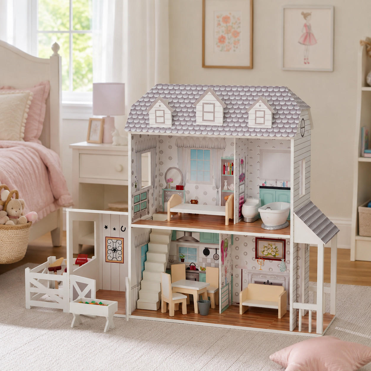 PUPPENHAUS, Grau, 90cm - Weiß, Holzwerkstoff (34/90/104cm) - Teamson Kids