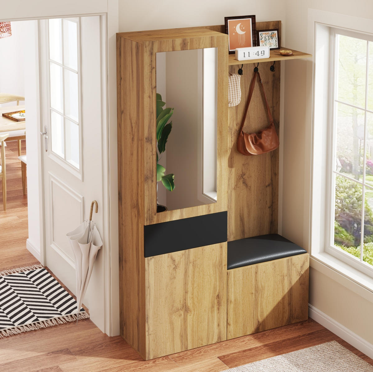 DIELENGARDEROBE mit Spiegel und Schuhablage 98,5/38/191 cm in Schwarz/Natur - Schwarz, Holzwerkstoff (98.5/191/38cm) - BEAOK