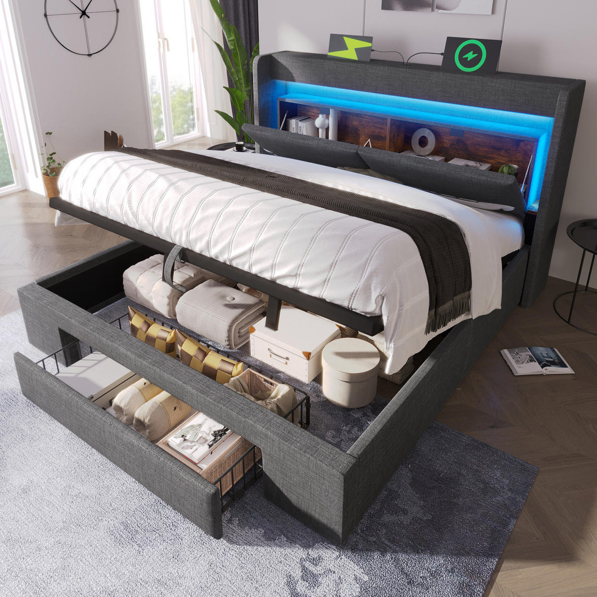 POLSTERBETT mit Stauraum 160x200 cm Leinen Grau mit LED & USB - Grau, Metall (160/200cm) - Meubliv