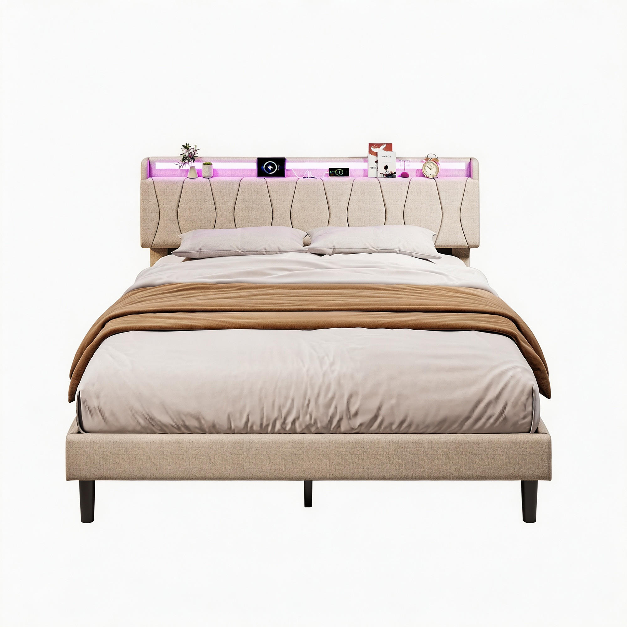 BETT 140x200 cm mit lattenrost, polsterbett mit USB und LED, leinenstoff, beige - Beige, Holz/Metall (140/200cm) - GENKI LIVING