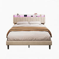 BETT 140x200 cm mit lattenrost, polsterbett mit USB und LED, leinenstoff, beige - Beige, Holz/Metall (140/200cm) - GENKI LIVING