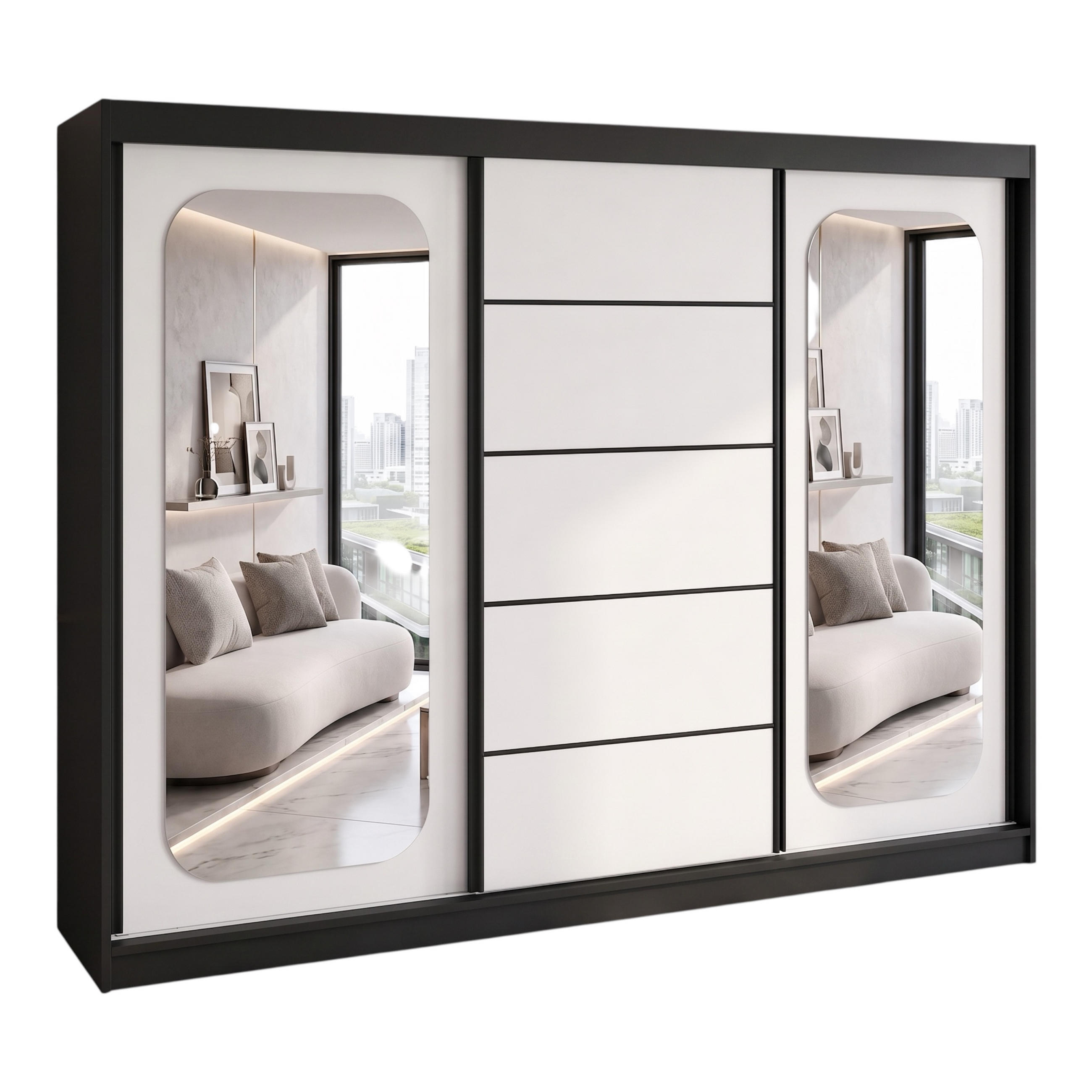 SCHWEBETÜRENSCHRANK BELANO 200 cm. Innenausstattung: Basic - Schwarz/Weiß, Holzwerkstoff (200/215/59.5cm) - A&J MöbelLand