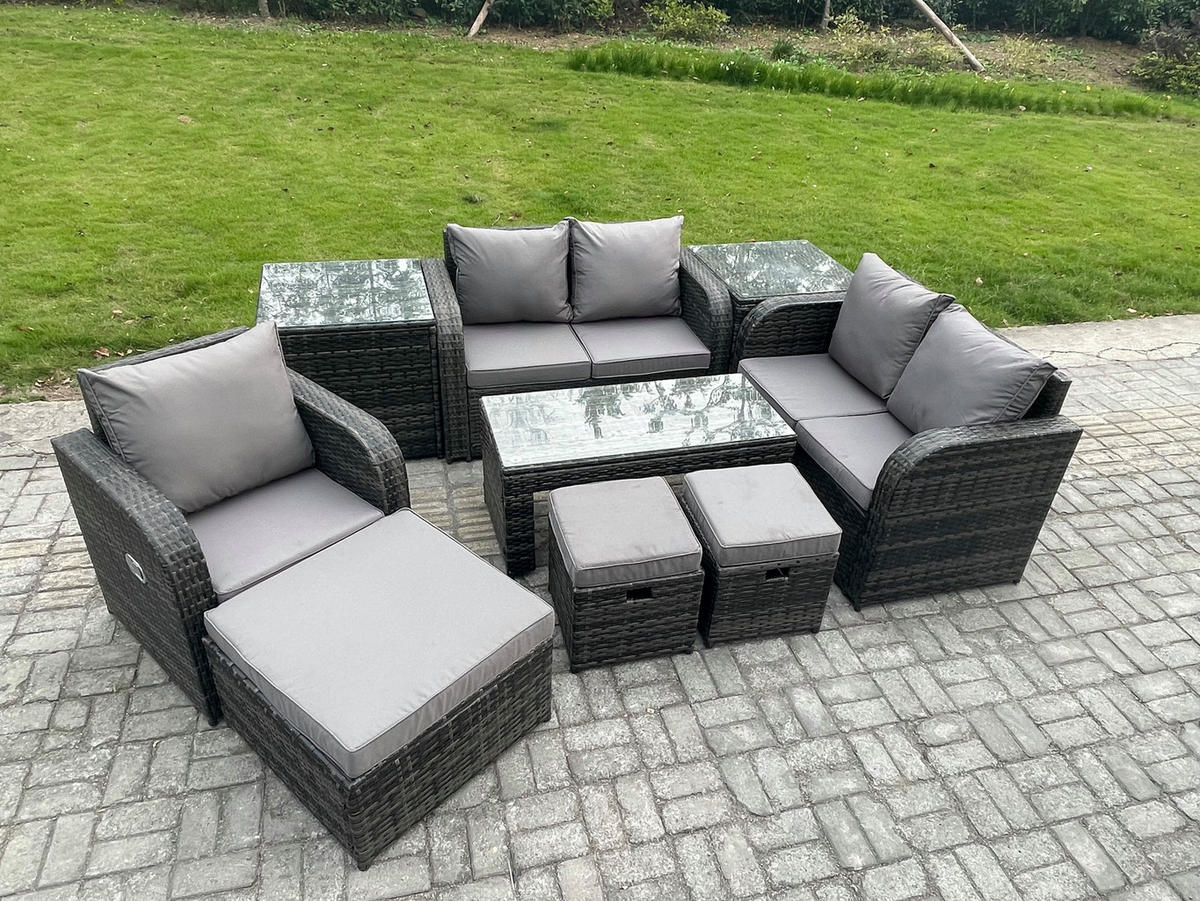 GARTENSOFA SET mit rechteckigem COUCHTISCH Polyrattan 8-Sitzer Dunkelgrau - Dunkelgrau/Grau, Glas/Kunststoff - Fimous
