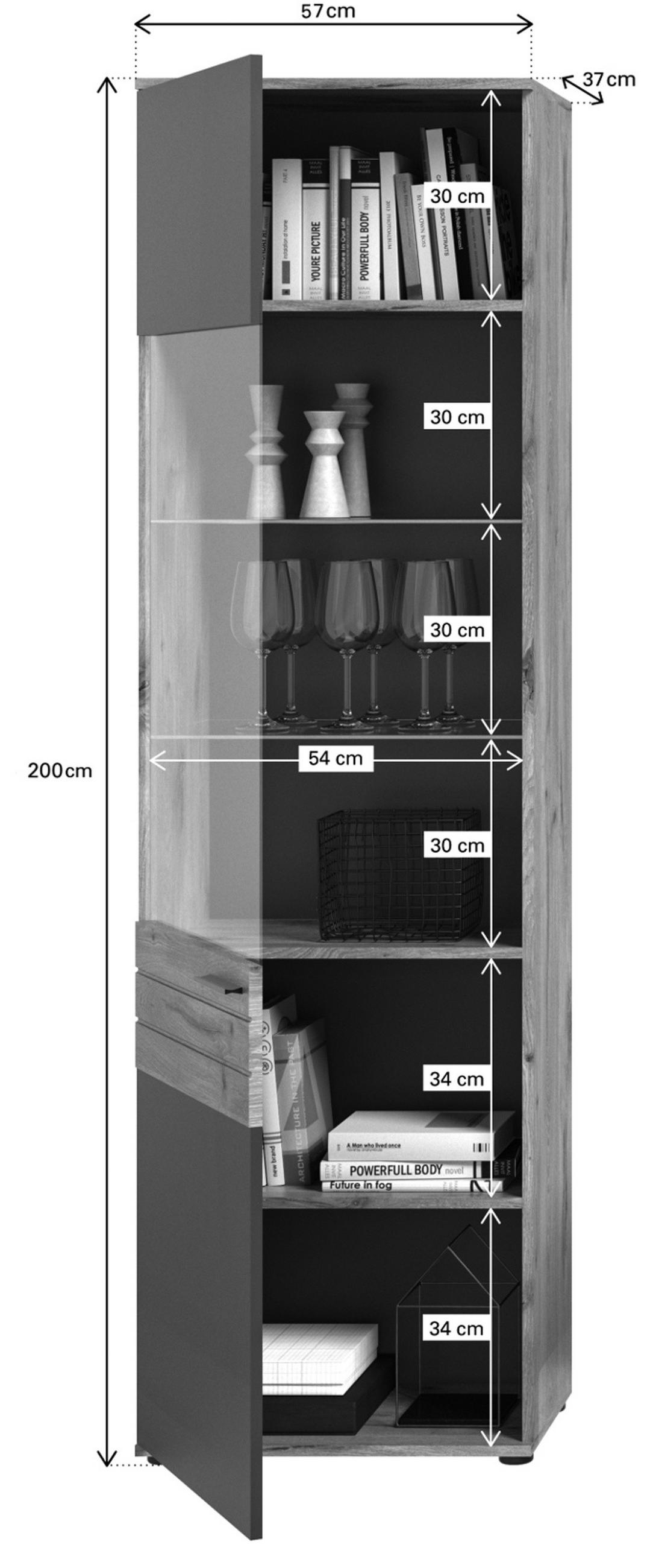 WOHNWAND Eiche, grau 4-teilig 338 cm, Schrankwand mit Soft-Close, Wohn- und Esszimmermöbel - Eichefarben/Schwarz, Glas/Holzwerkstoff (338/200/47cm) - Inn.Furn