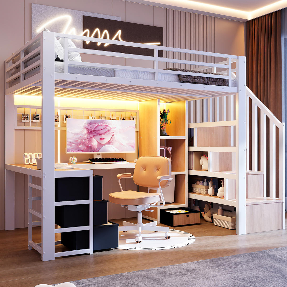 HOCHBETT 90/200 cm mit LED-Beleuchtung, Schreibtisch, Stauraumtreppe und 4 Schubladen, Metall/MDF, Weiß - Weiß, Metall (90/200cm) - Redom
