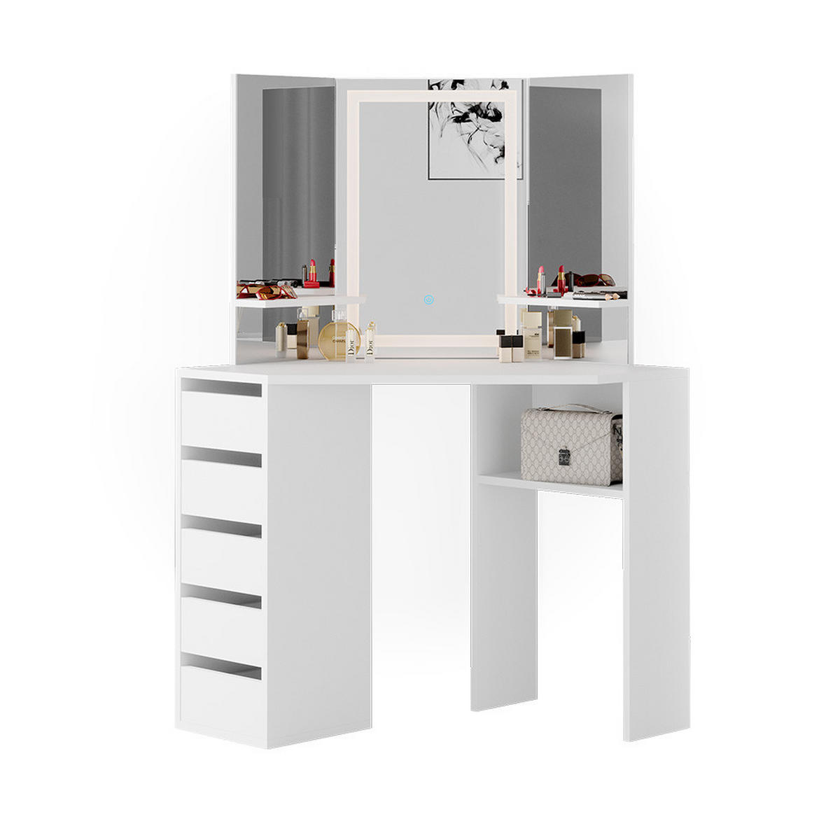 ECKSCHMINKTISCH Arielle Weiß 110 cm mit LED-Spiegel - Weiß, Holzwerkstoff (110/141.5/54cm) - Vicco