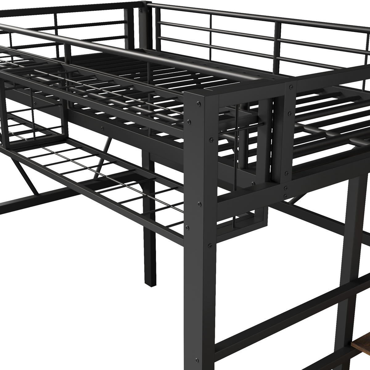 HOCHBETT 90/200 cm in Schwarz mit Stufenregal, Gitterelementen, Stauraum und LED aus Metall und MDF - Schwarz, Metall - STILVORA