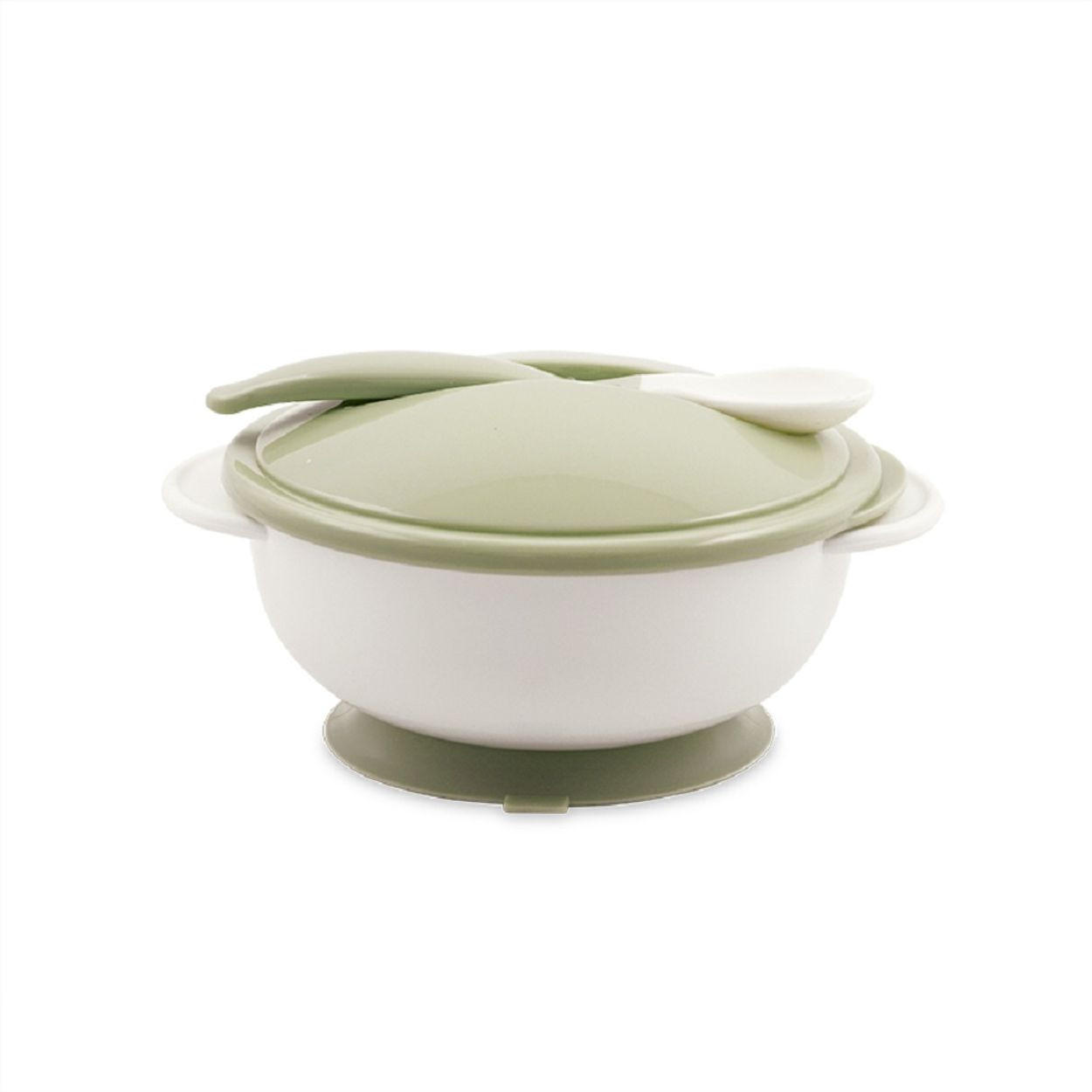 KINDERGESCHIRR Kinderschüssel mit Löffel hellgrün Deckel, Schutzdeckel, griff, Griffe, Saugnapf, rutschfest, 250 ml - Grün, Kunststoff (14/7/14cm) - Lorelli