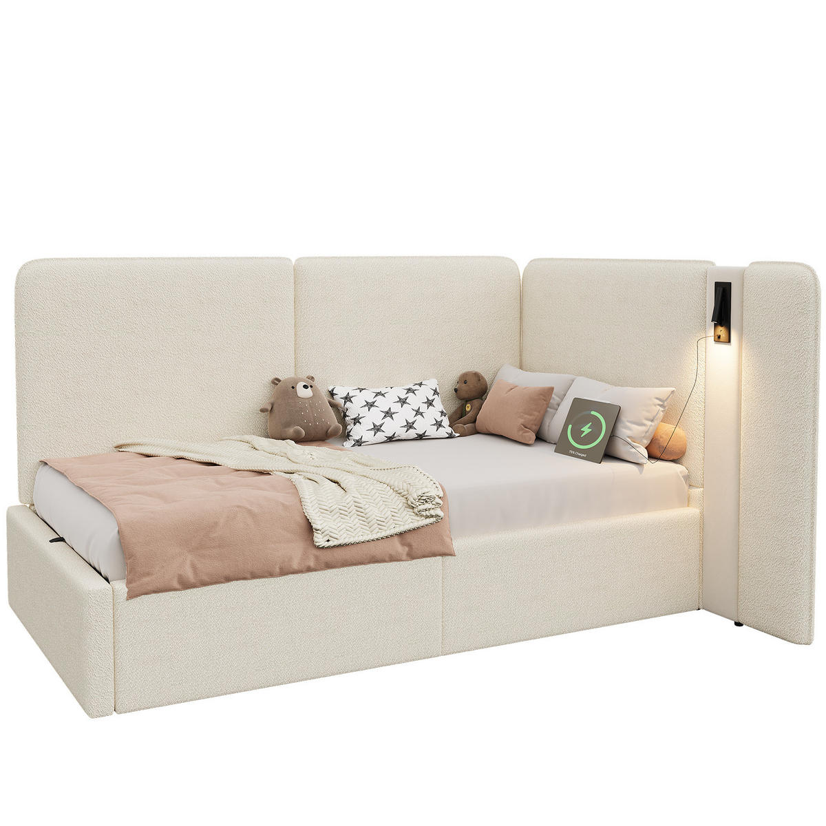 TAGESBETT 90/200 cm mit hydraulischem Stauraum, USB- und Typ-C-Anschluss, Leselampe und Bouclé-Bezug, Beige - Beige, Textil (90/200cm) - Redom