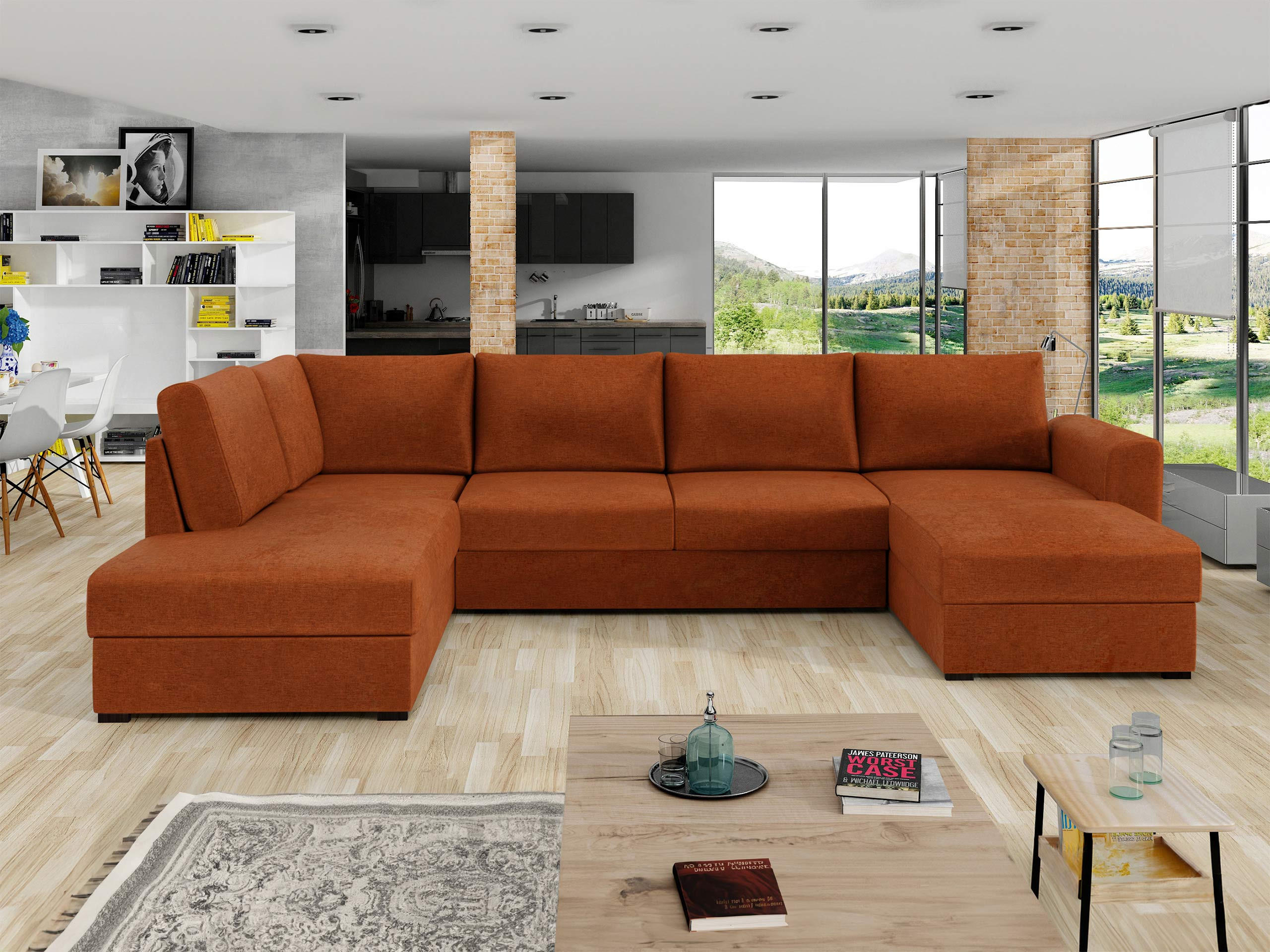WOHNLANDSCHAFT Wilma, Seite: Links - Schwarz/Orange, Holz/Textil (305/85/188cm) - MIRJAN24