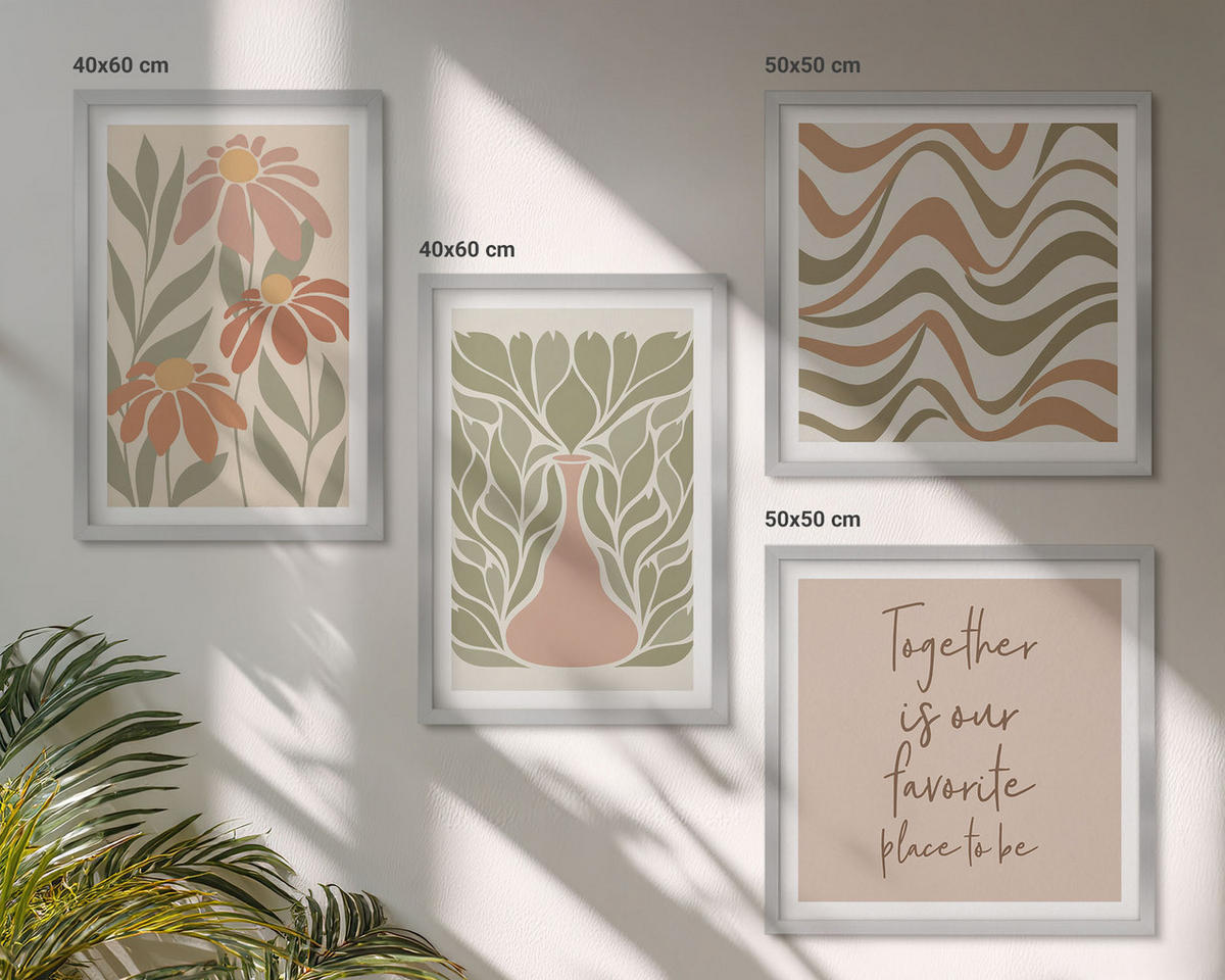 BILDER SET 4er Set - 50x50 cm & 40x60 cm Silberner Rahmen - Abstrakte Pastellblumen - Silberfarben, Kunststoff (50/50cm) - TULUP