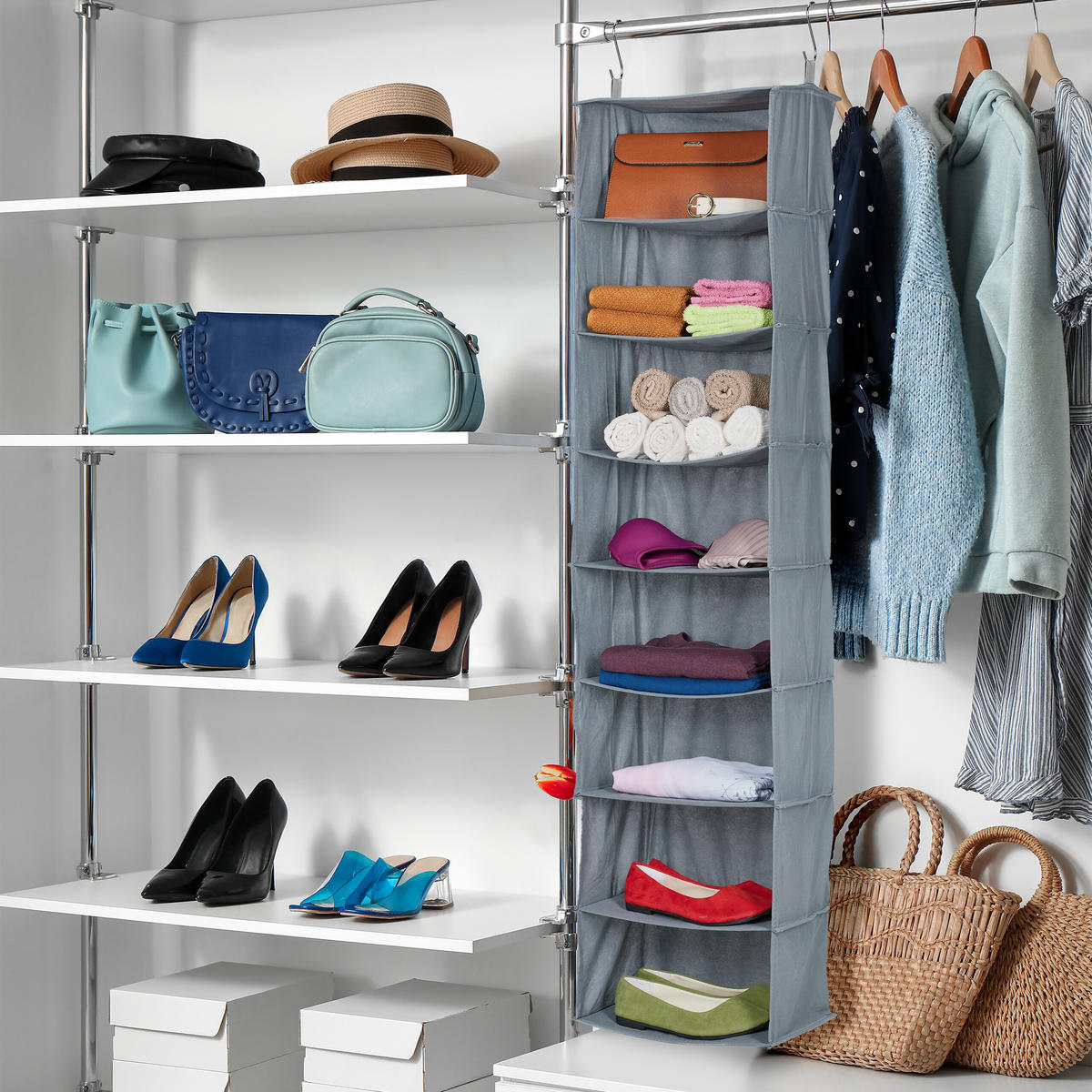 ZÁVESNÝ regál do skrine - sivá, textil (20cm) - Relaxdays