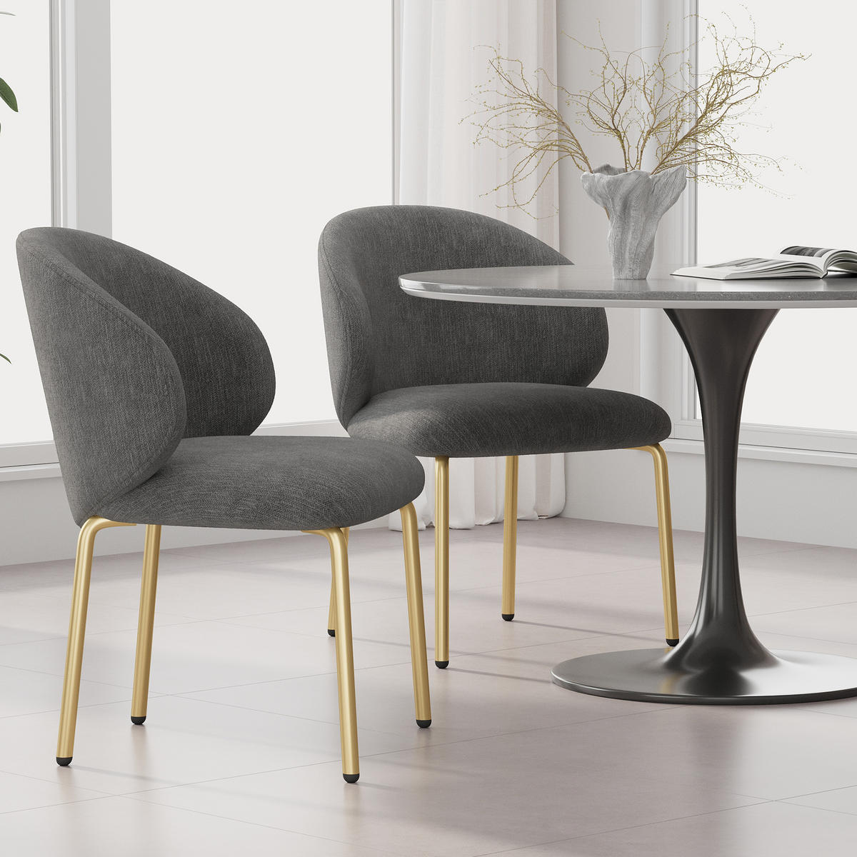 STUHLSET, 2 Esszimmerstühle, Chenille, Goldbeine, Grau - Grau, Textil (47.5/74/56cm) - FLIEKS